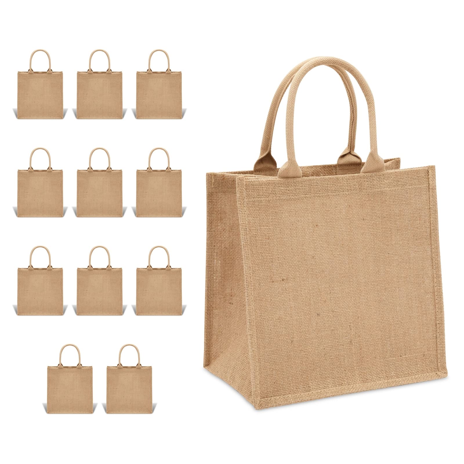 12-Pack Natural Burlap Tote Bags with Handles 12x12x7.7 Inches - Eco-Friendly Reusable Grocery Shopping Bags for Beach, DIY Crafts, Art Projects, Bachelorette Parties & Bulk Storage | Perfect for Farmers Markets, Picnics & Gift Packaging