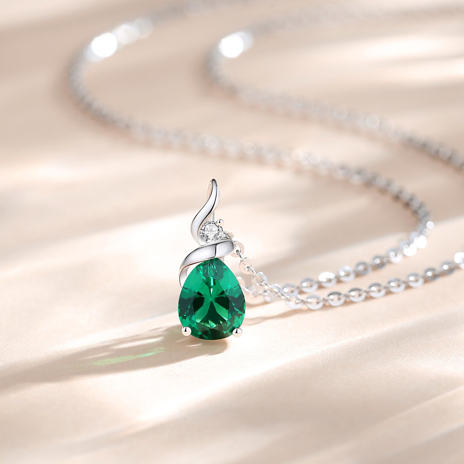 14K Solid White Gold Birthstone Pendant Necklace for Women - Pear Shaped Diamond Teardrop Necklace | Personalized Birthday Gift for Mom | Sterling Silver Chain 16