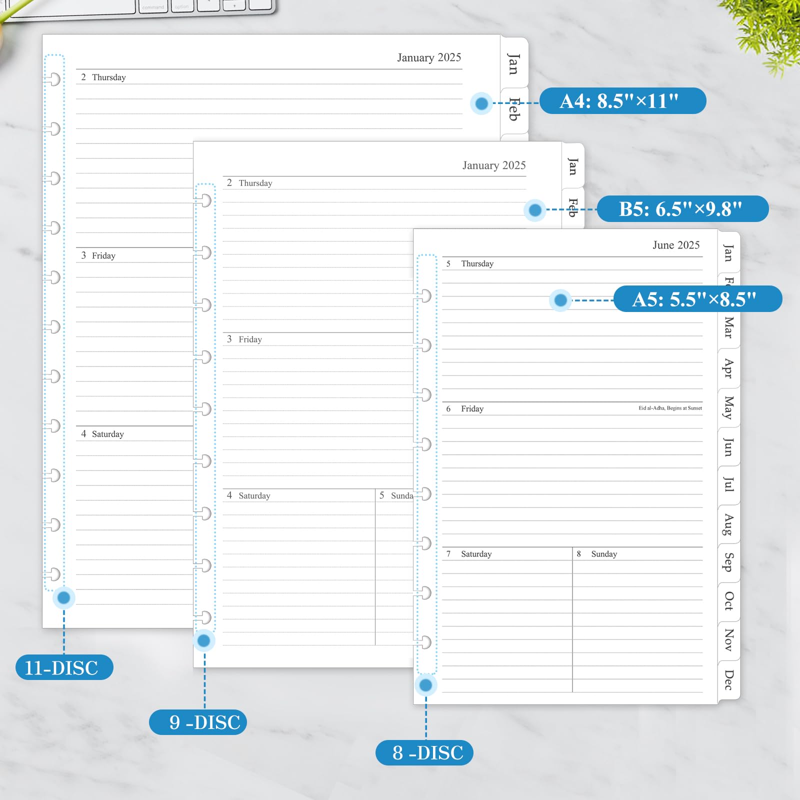 2025 Weekly & Monthly Planner Refill Inserts for 8-Disc Discbound Planner - 12 Monthly Calendars with Tabs, 5.5