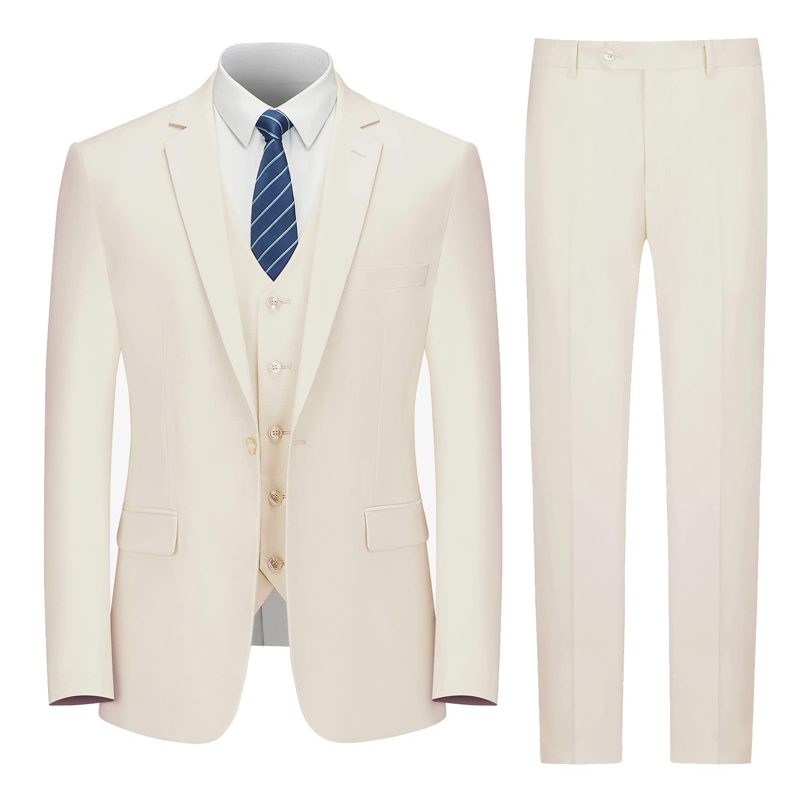 LUPURTY Men's 3-Piece Slim Fit Suit Set - Solid Color Jacket, Vest & Pants with Tie | One Button Tuxedo for Business, Wedding & Formal Events