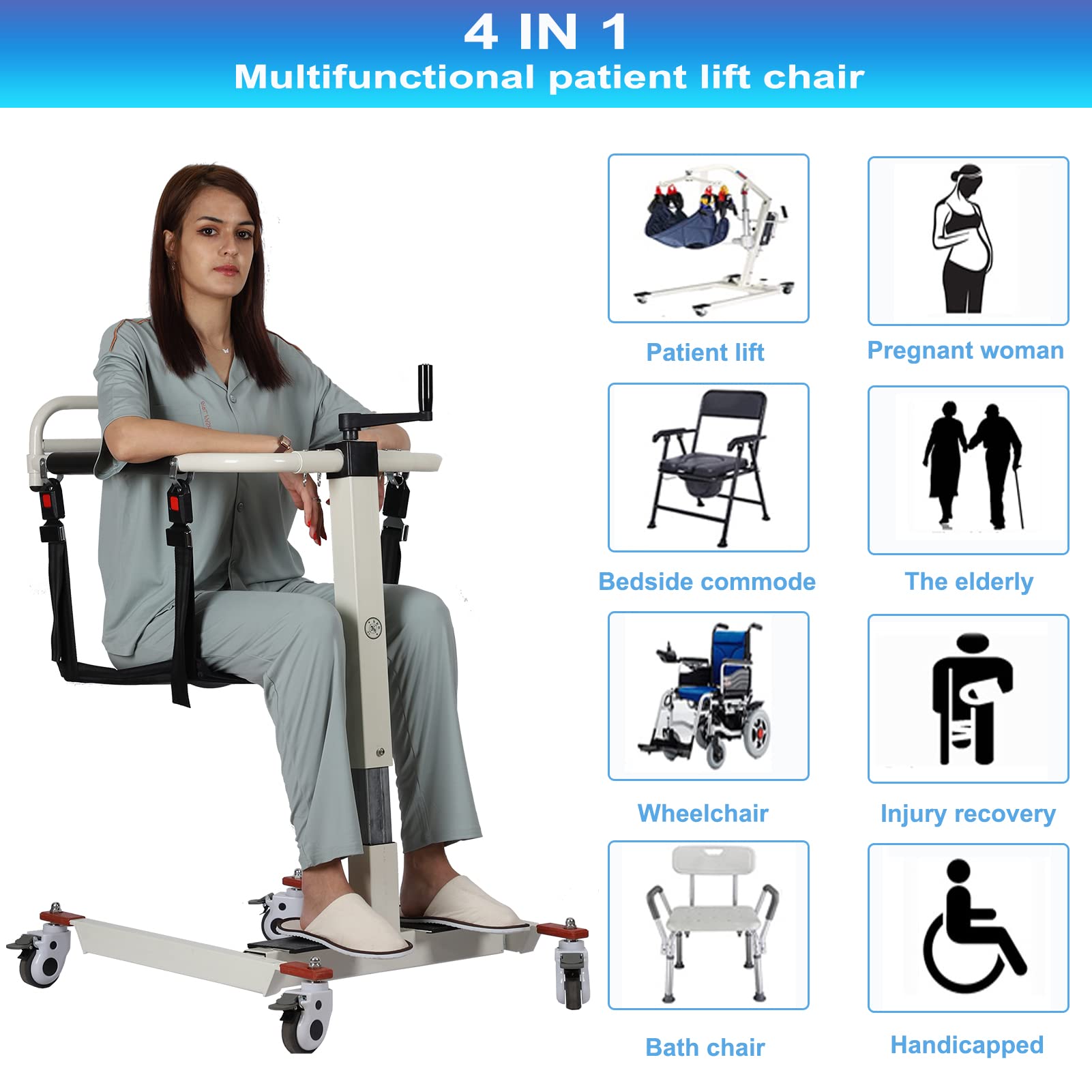 Portable Patient Lift Wheelchair for Home - Shower Chair with Wheels & Transfer Aid - Foldable Toilets Seat for Elderly & Disabled - Ideal for Bathroom, Bedroom & Mobility Assistance