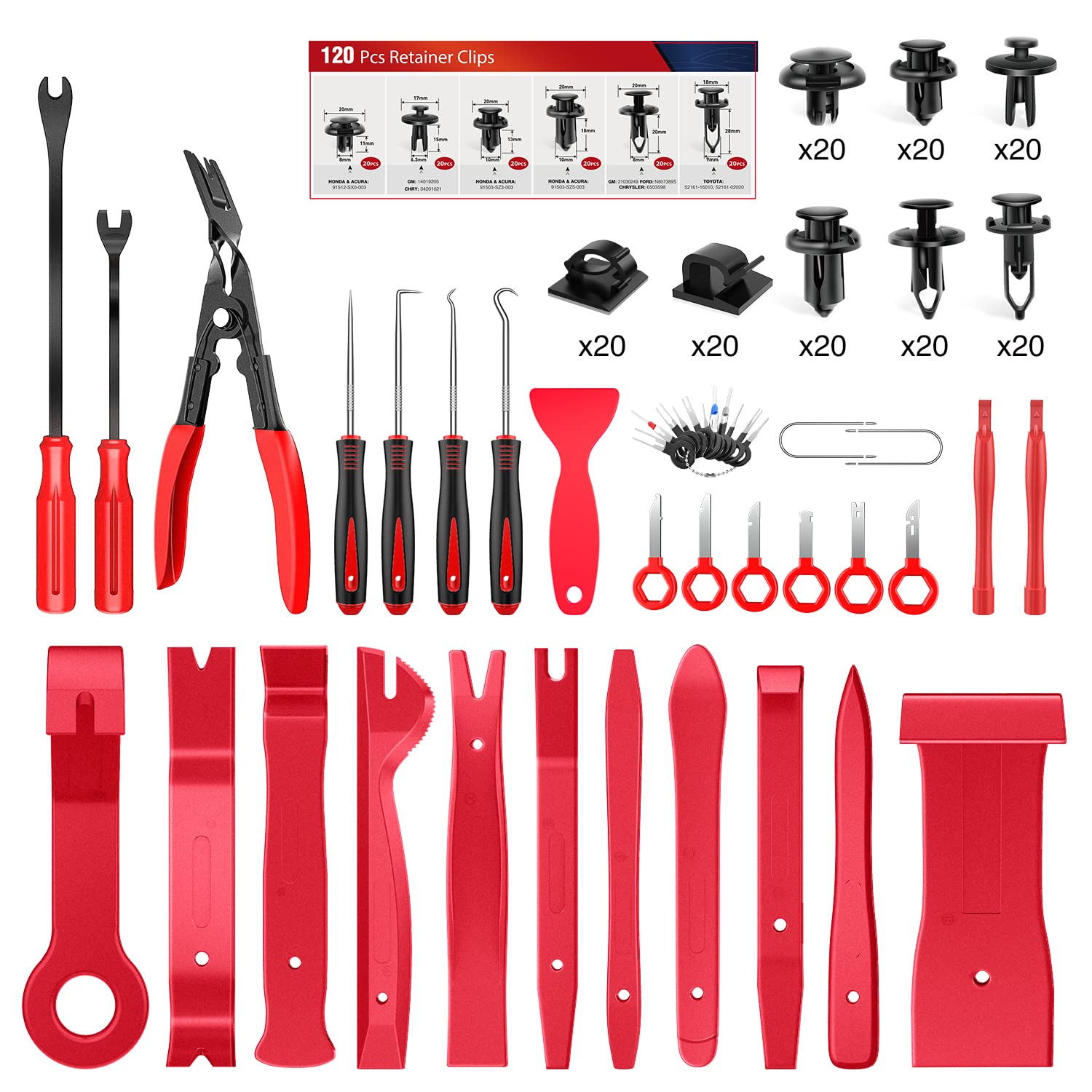 Nilight 200Pcs Car Trim Removal Tool Kit - Auto Push Pin Bumper Retainer Clip Set, Fastener Terminal Remover & Adhesive Cable Clips with Round Handle Crowbar - Perfect for Car Panel, Radio Installation & Auto Repair - 2 Year Warranty