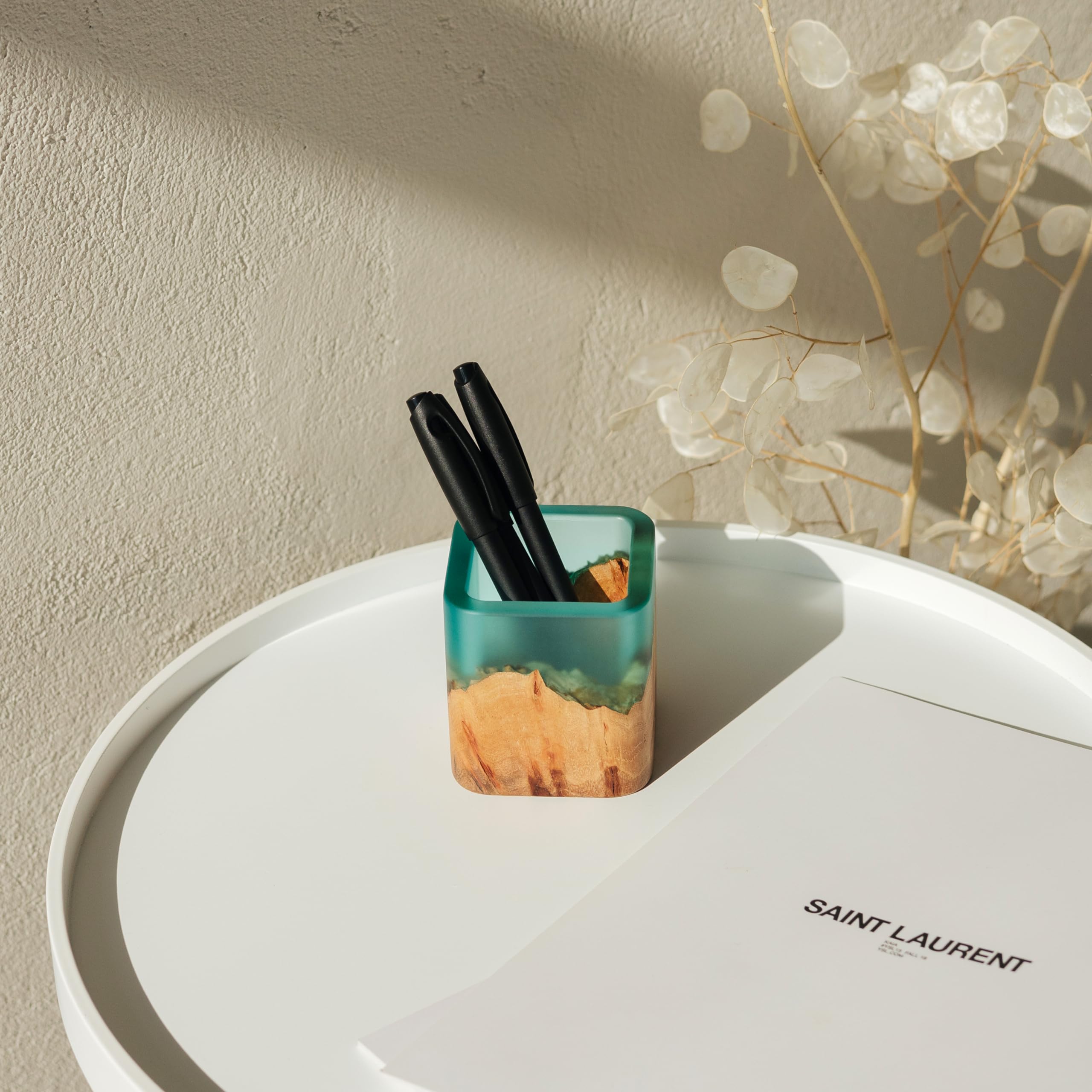 Premium Epoxy Wooden Pen Holder for Office & Home - Luxury Resin & Wood Pen Stand for Desk Organization (Aqua Blue) - Perfect for Office Desks, Home Study & Gift Giving