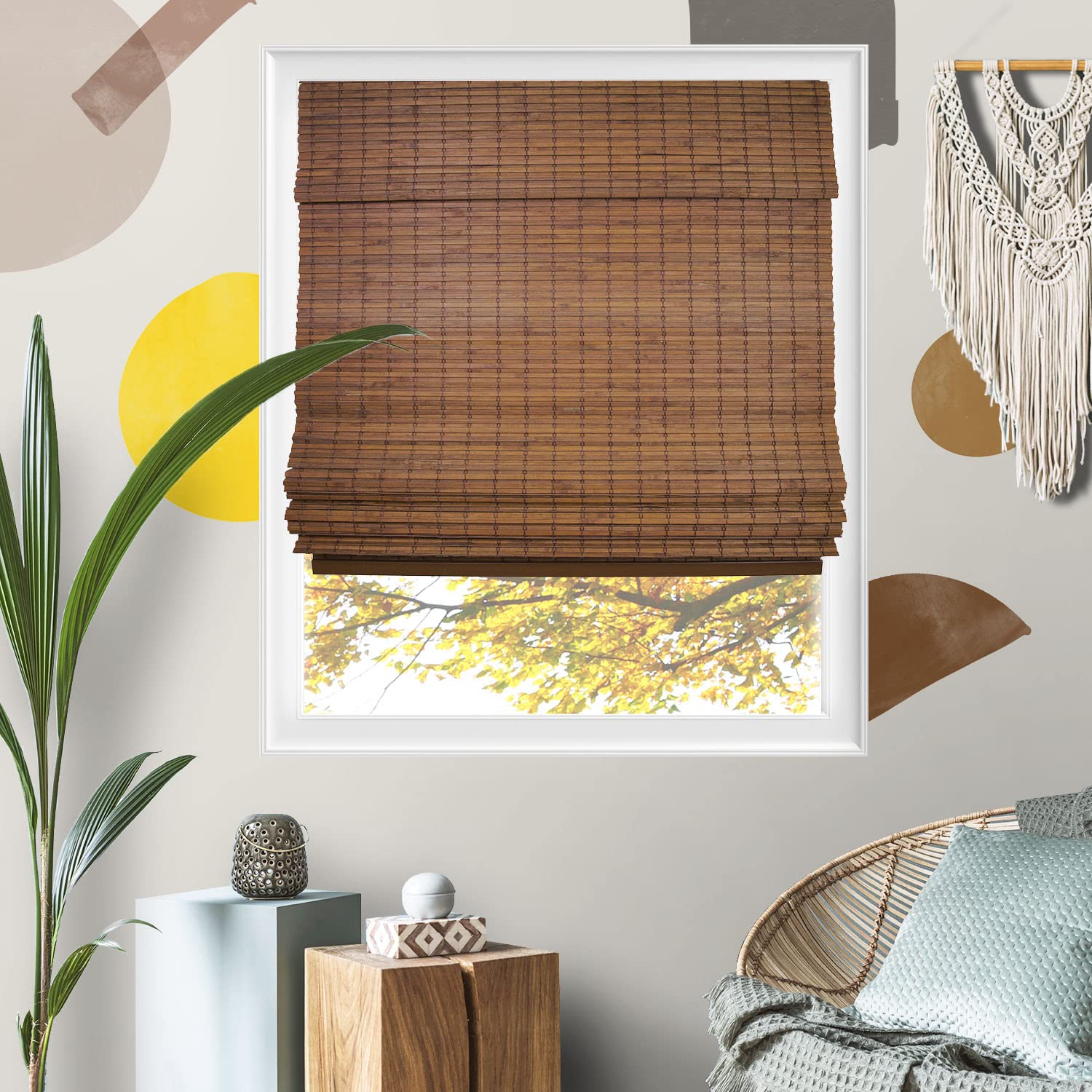 Natural Woven Bamboo Roman Shades - Cordless Light Filtering Window Blinds for Home & Bedroom Decor, 29