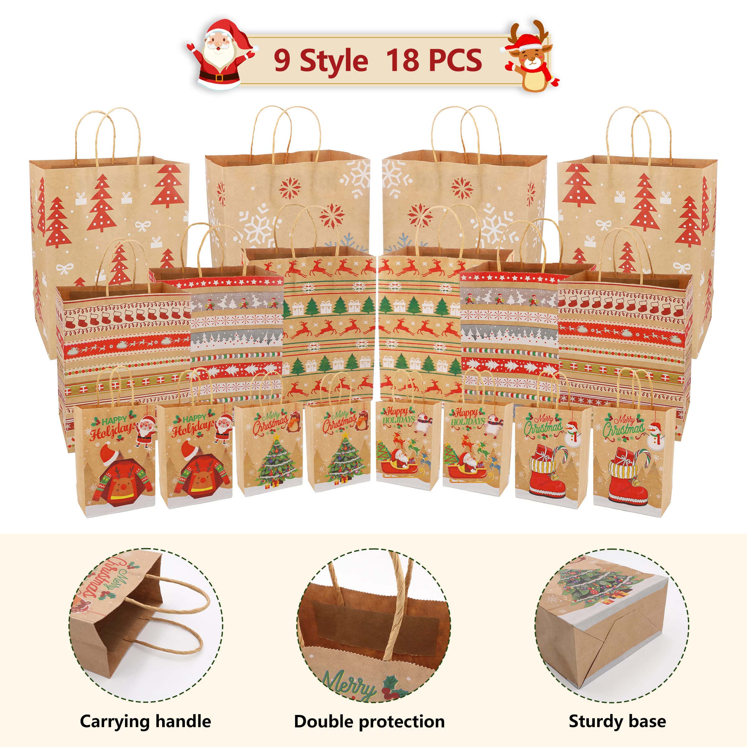 AMMAKER 18 Pack Christmas Themed Reusable Kraft Gift Bags - 9 Styles Assorted Sizes with Handles - Bulk Eco-Friendly Party Favor Bags for Holiday Parties, Gift Exchanges & Family Gatherings