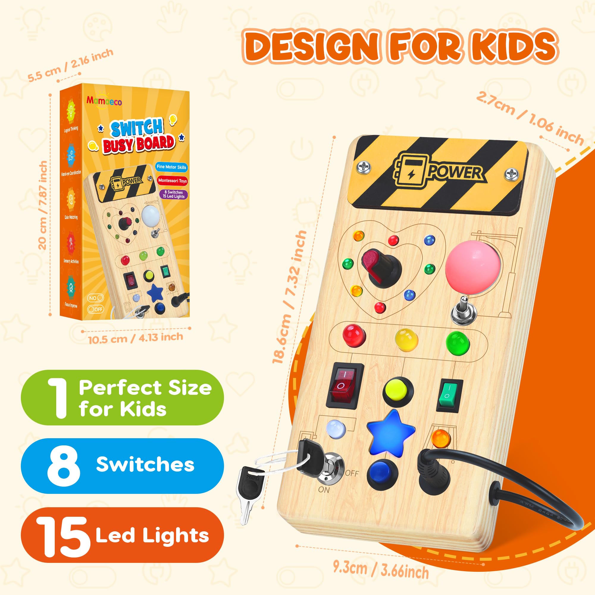 Montessori Wooden Busy Board for Toddlers - 8 Switches & 15 LED Sensory Light Switch Toy, Educational Travel Activity Board for 1+ Year Old Boys & Girls, Perfect for Home, Car, and Classroom Learning