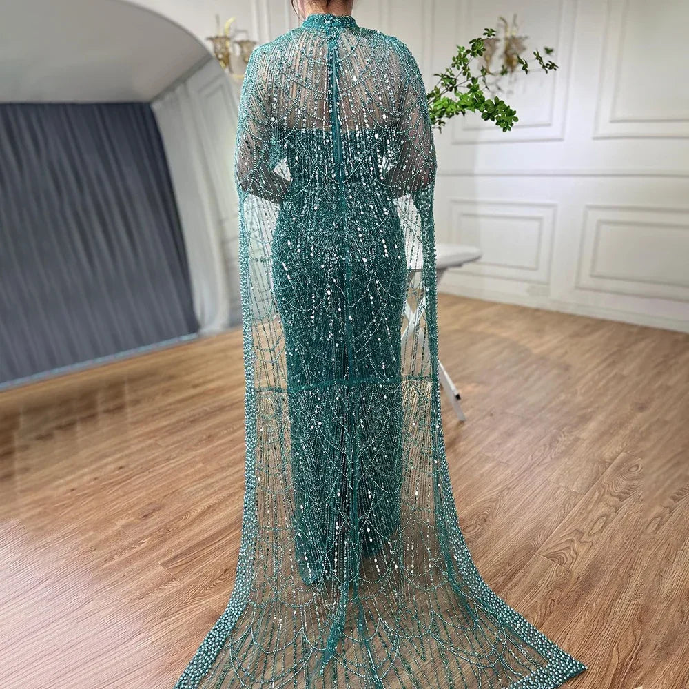 Elegant Green Pearl Evening Gown with Detachable Cape - LA72032 | Luxury Designer Dress for Prom, Gala & Formal Events