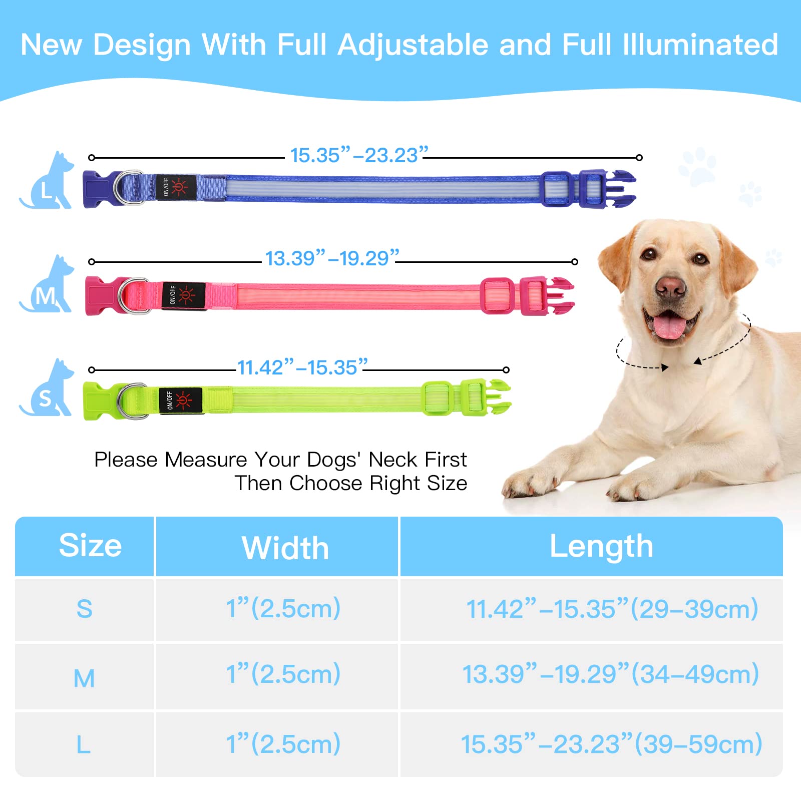 YFbrite USB Rechargeable LED Dog Collar - Super Bright Adjustable Glowing Collar for Night Walking, Safety & Visibility | Blue Medium Size | Perfect for Evening Walks, Jogging & Outdoor Adventures