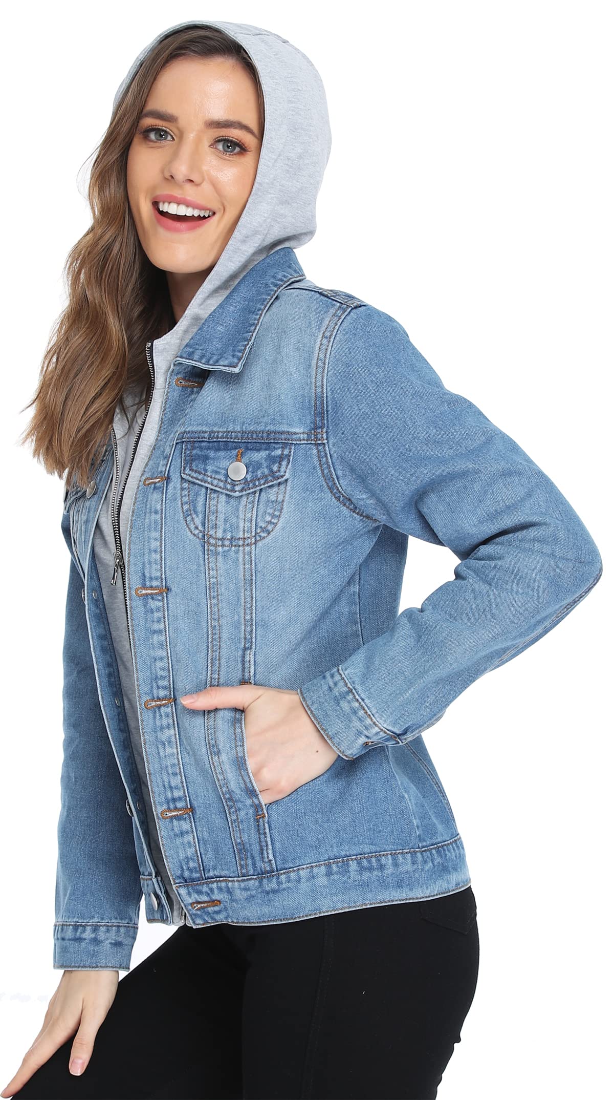 MISS MOLY Women's Denim Jacket with Hood - Casual Layered Drawstring Jean Coat with Pockets | Perfect for Spring/Fall Outfits, Streetwear & Everyday Wear