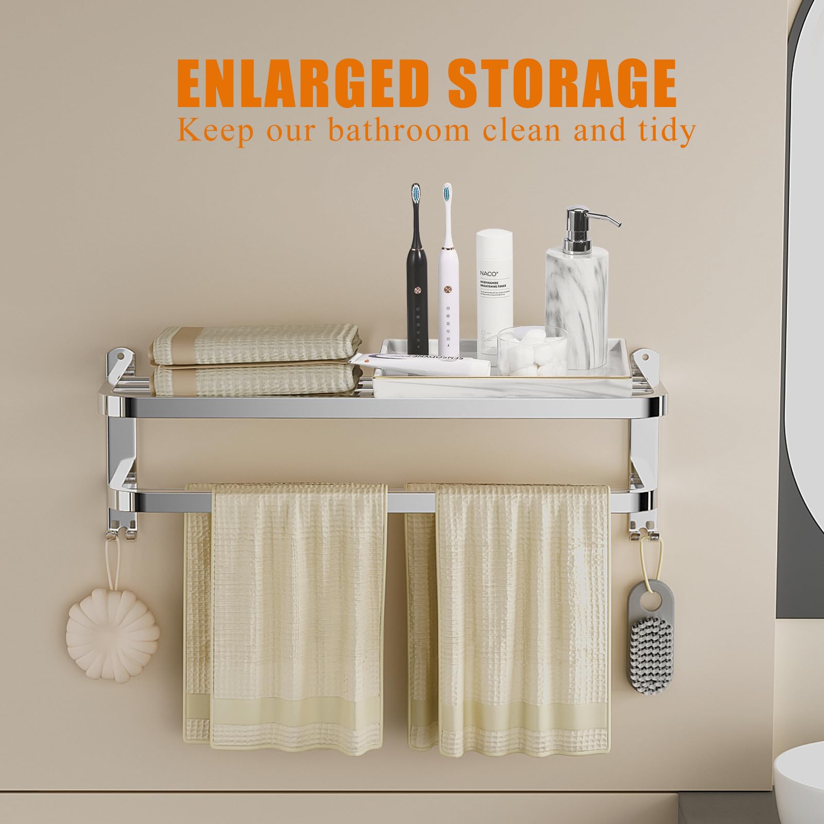 Stainless Steel Bathroom Towel Rack with Double Bars & Hooks - 23 Inch Wall Mounted Shelf for Towels & Bath Accessories - Perfect for Hotel, Spa & Home Bathroom Organization
