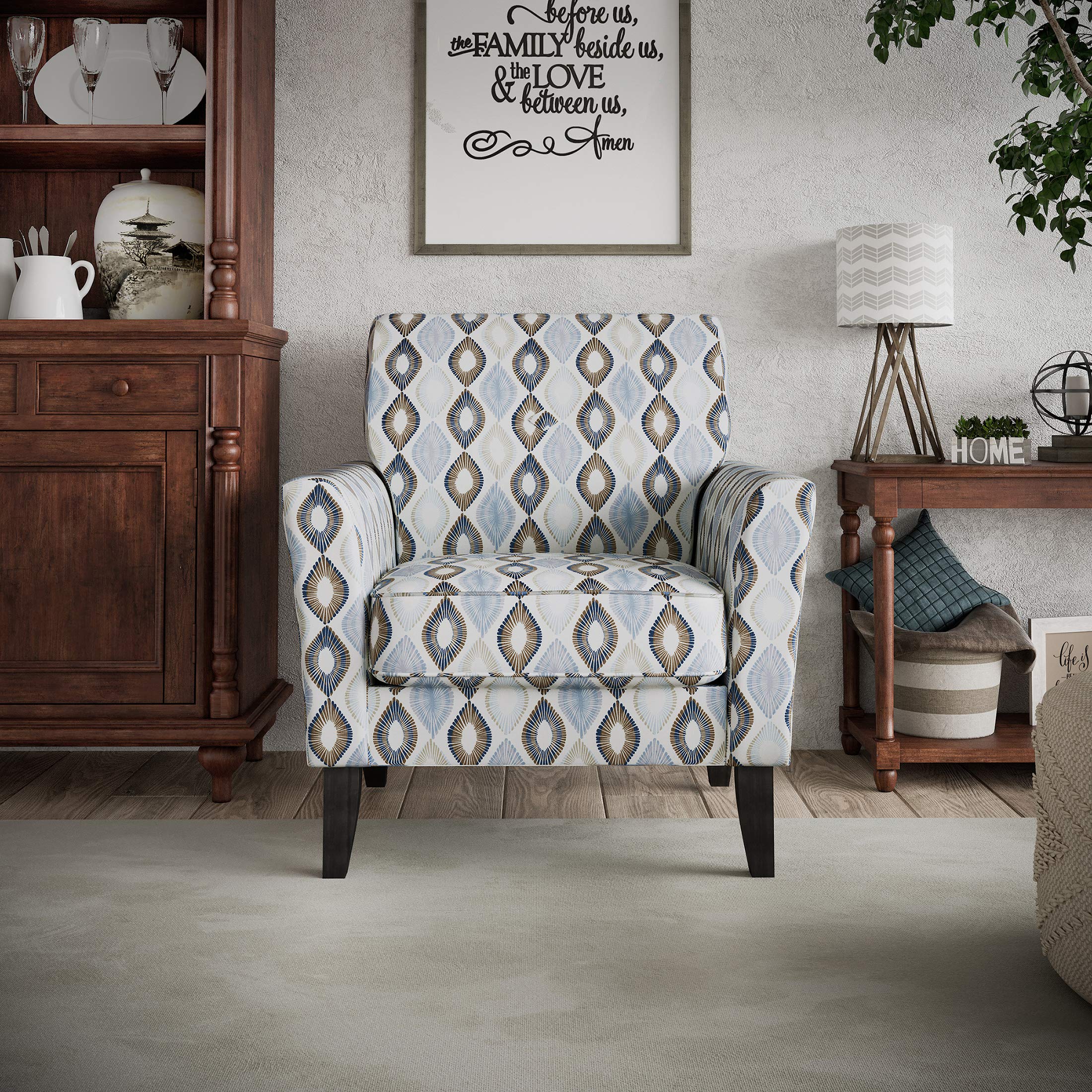 Domesis Flared Arm Chair - Blue Multi Diamond Print Upholstered Accent Chair for Living Room, Bedroom, or Office - Stylish & Comfortable Seating for Home Decor
