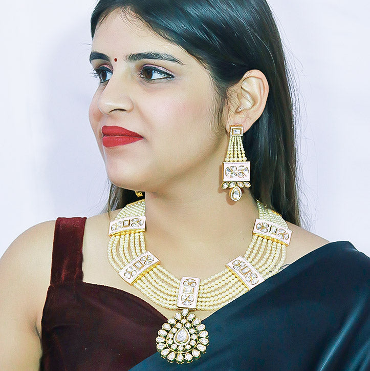 Luxury Gold Plated Royal Kundan & Pink Long Necklace Set (D605) - Elegant Statement Jewelry for Weddings, Parties & Special Occasions