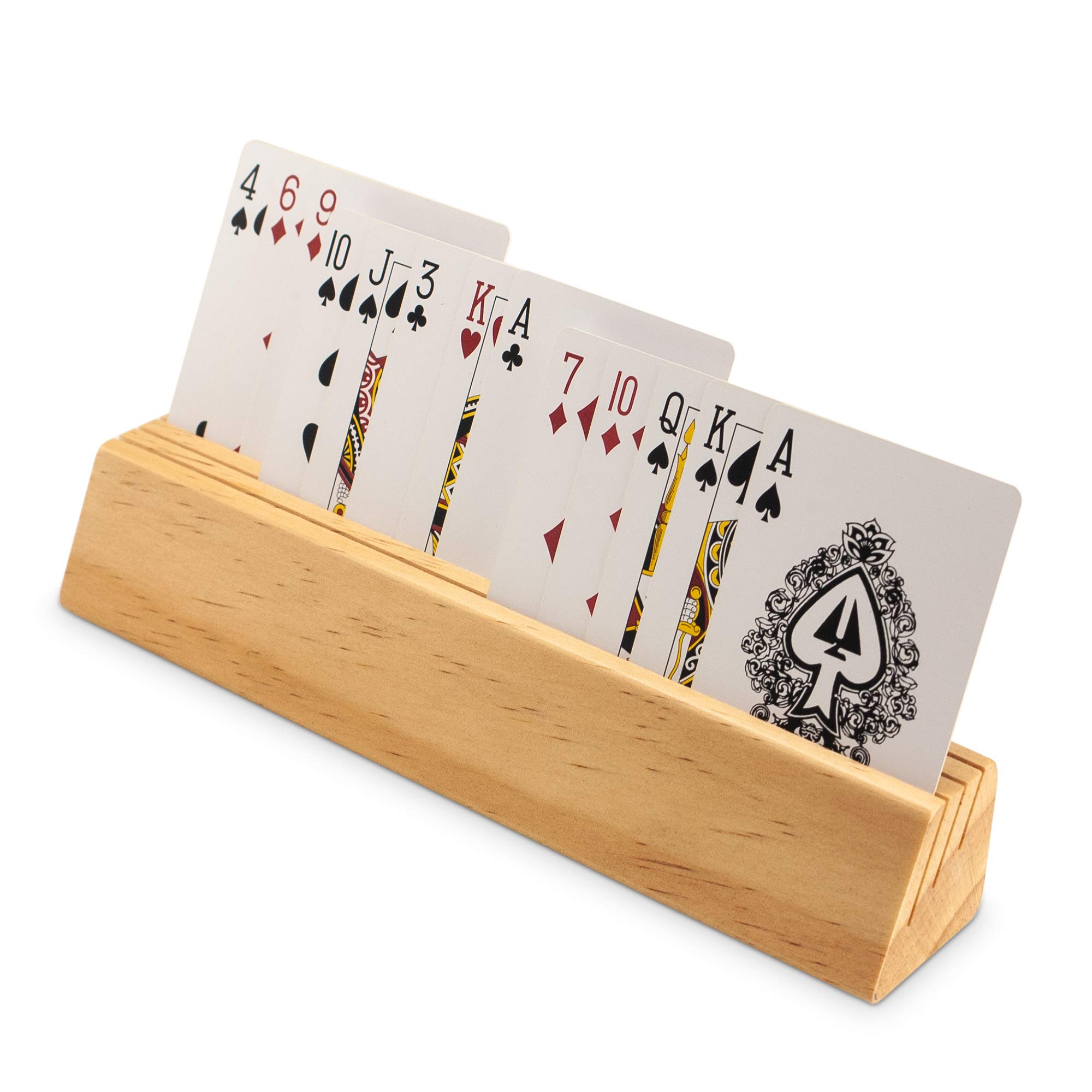 Sterling Games Wooden Playing Cards Holder Set of 4 - Card Holders for Kids, Seniors & Adults - Card Tray Rack Stand for Poker, Blackjack, Uno & Board Games - Perfect for Family Game Nights & Parties