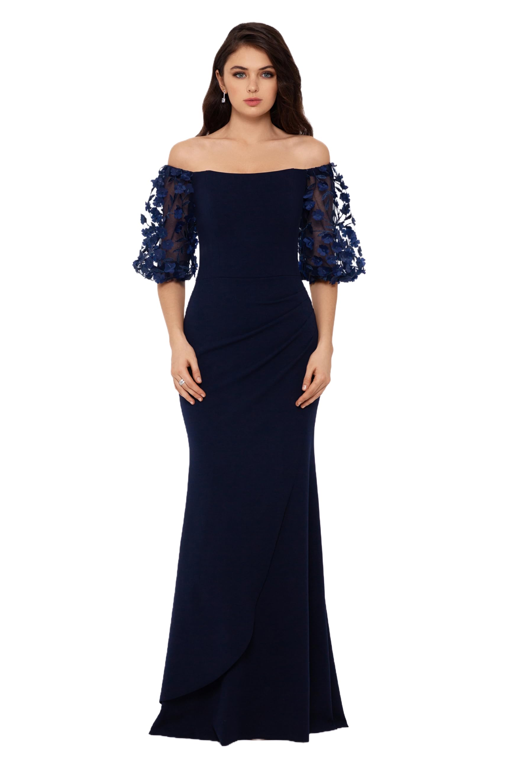 Xscape Women's Illusion Sleeve Off The Shoulder Long Dress - Formal Evening Gown for Weddings, Parties & Special Occasions (Available in Regular & Petite Sizes)