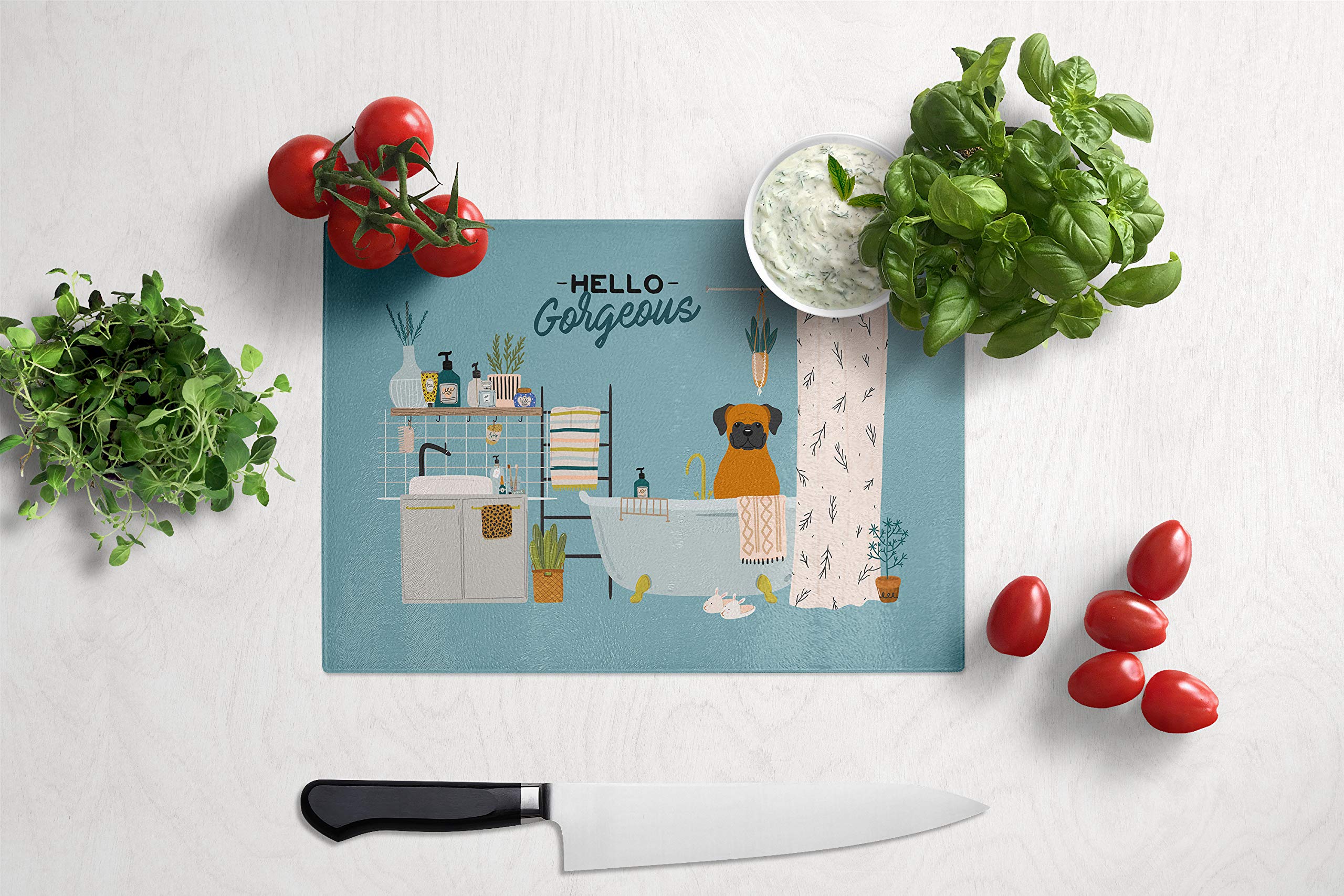 Fawn Boxer in Bathtub Tempered Glass Cutting Board - Large Decorative Kitchen Chopping & Serving Board - Durable & Stylish for Entertaining, Food Prep & Home Decor