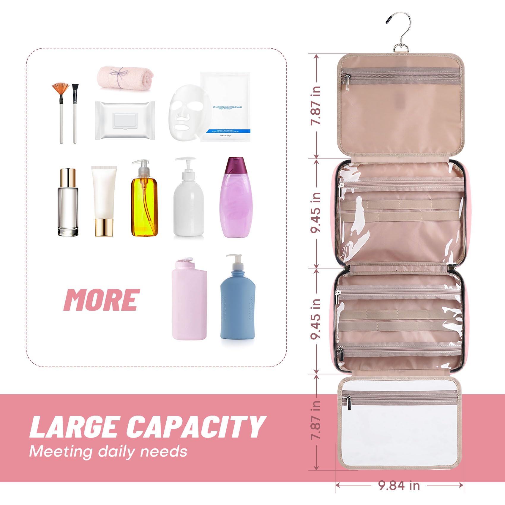 Waterproof Hanging Toiletry Bag 2-Pack Set - Pink Cosmetic Organizer with Hook for Travel, Business Trips & Gym | Perfect for Shampoo, Makeup & Toiletries Storage (Ideal for Women's Travel Essentials & Daily Organization)