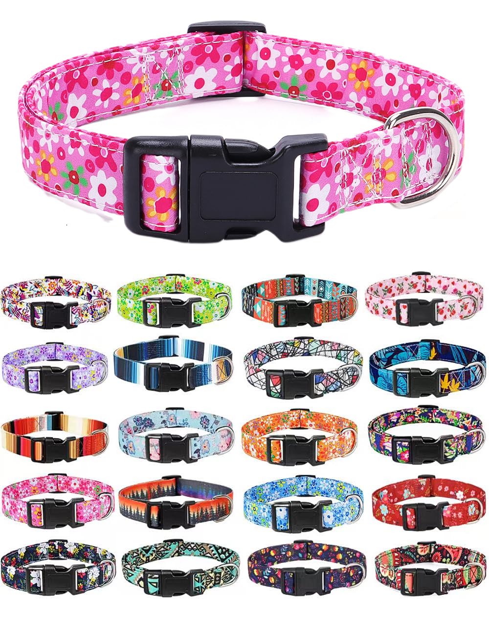 Moonpet Adjustable Dog Collars for Small to Large Dogs - Soft Bohemian Floral Pattern Pet Collar (Pink Floral) - Perfect for Daily Walks, Training & Outdoor Adventures