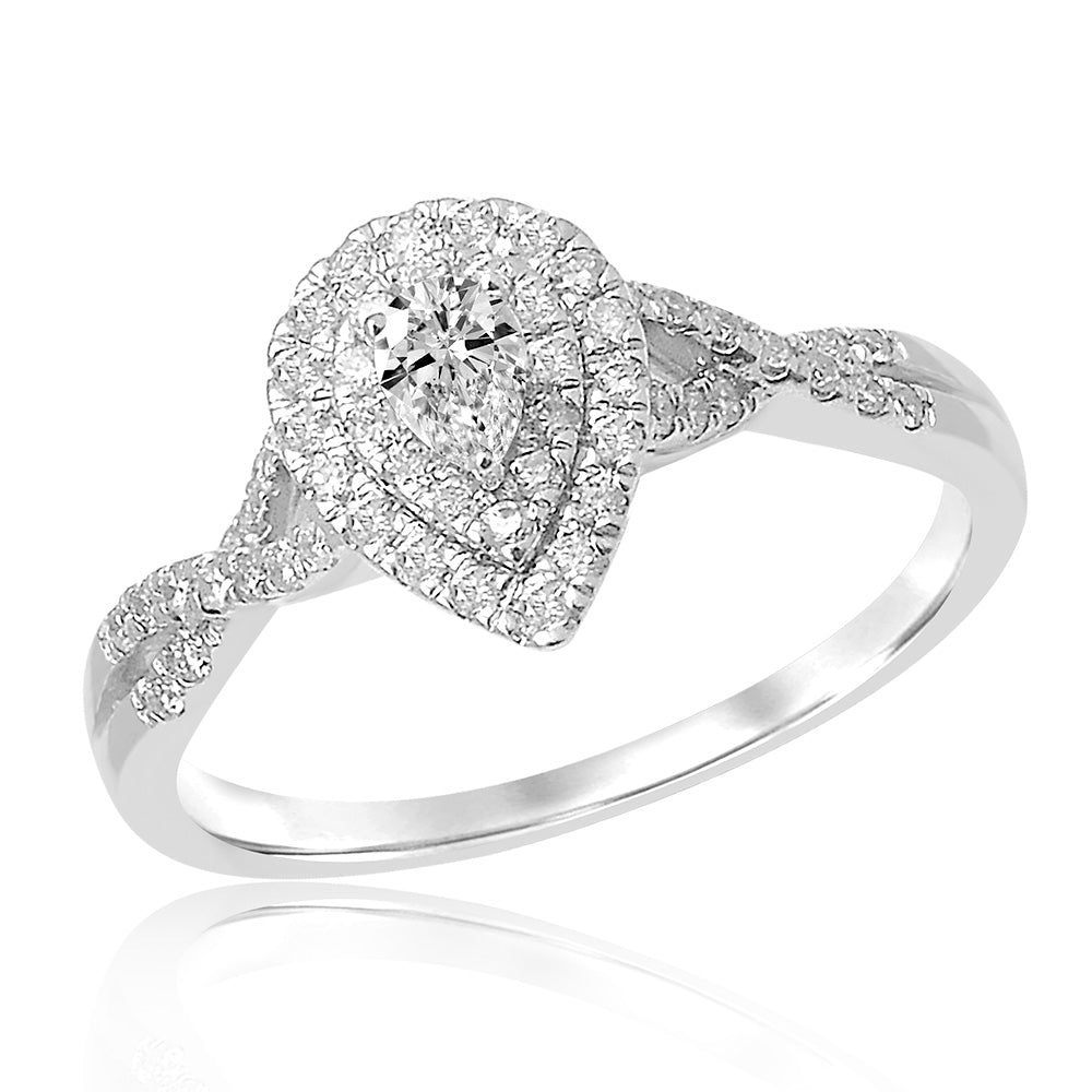 18K White Gold 1/2 Carat Pear Diamond Double Halo Split Shank Engagement Ring - Perfect for Proposals, Anniversaries & Special Occasions
