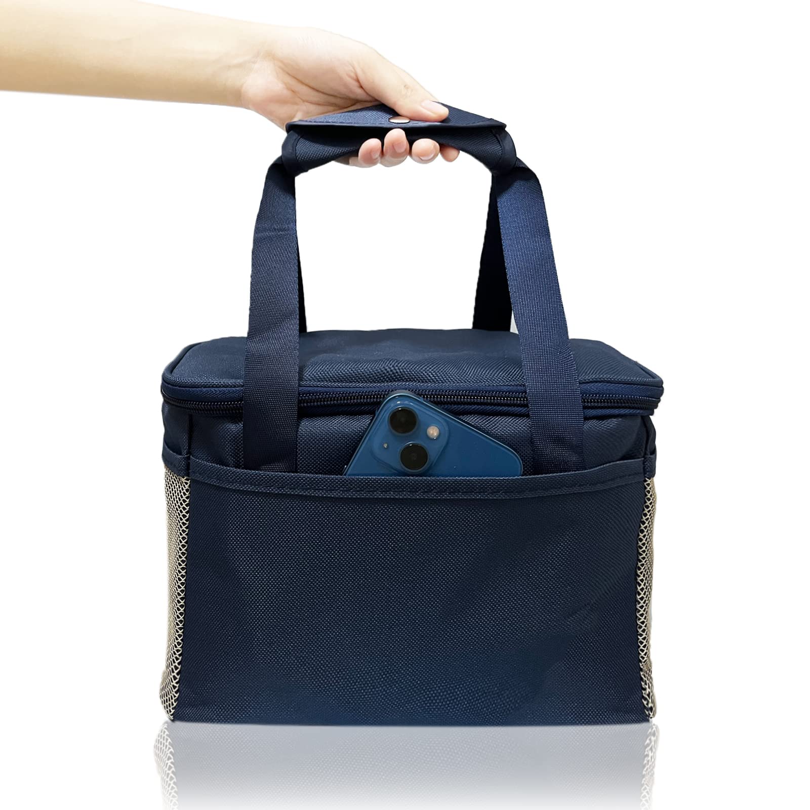 **Insulated Lunch Bag for Men & Women - Leakproof Reusable Cooler Tote with Side Pouch & Bottle Holder - Perfect for Office, School, Picnic, Camping & Beach (Blue)**