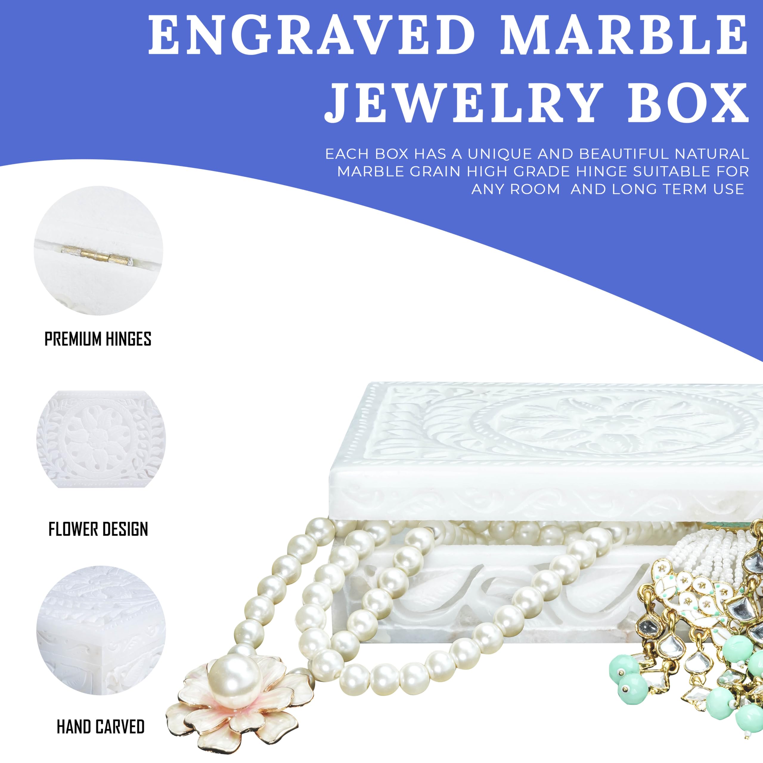 Crocon White Marble Jewelry Box - Elegant Earring & Makeup Organizer - Small Trinket Storage Box (6x4 Inches) - Perfect for Women's Jewelry, Rings, Necklaces & Cosmetics - Great for Bedroom Vanity, Bathroom Counter & Travel Organizer