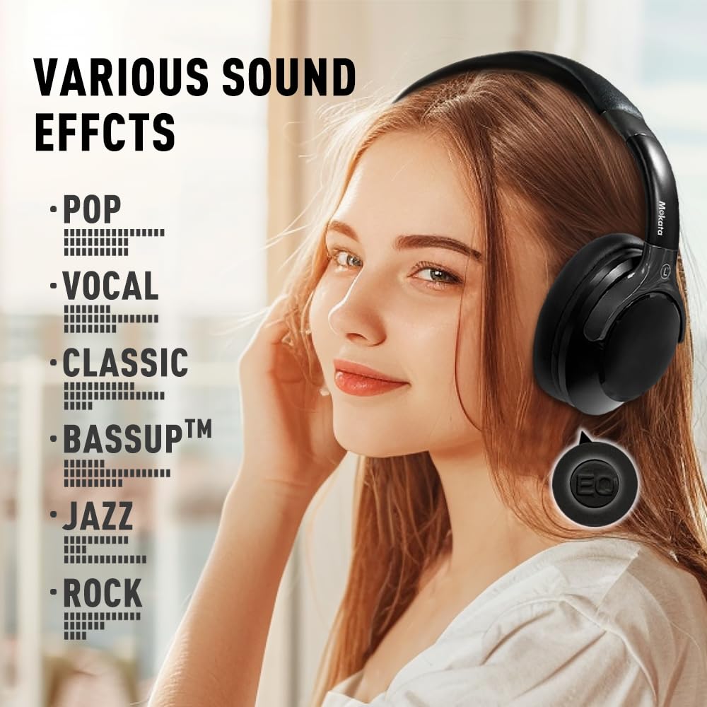 Bluetooth 5.3 Wireless Over-Ear Headphones with Microphone - 68H Playtime, HiFi Stereo, Deep Bass, 6 EQ Modes, Foldable & Lightweight Design - Perfect for Travel, Home Office, and Cellphone Use (Black)
