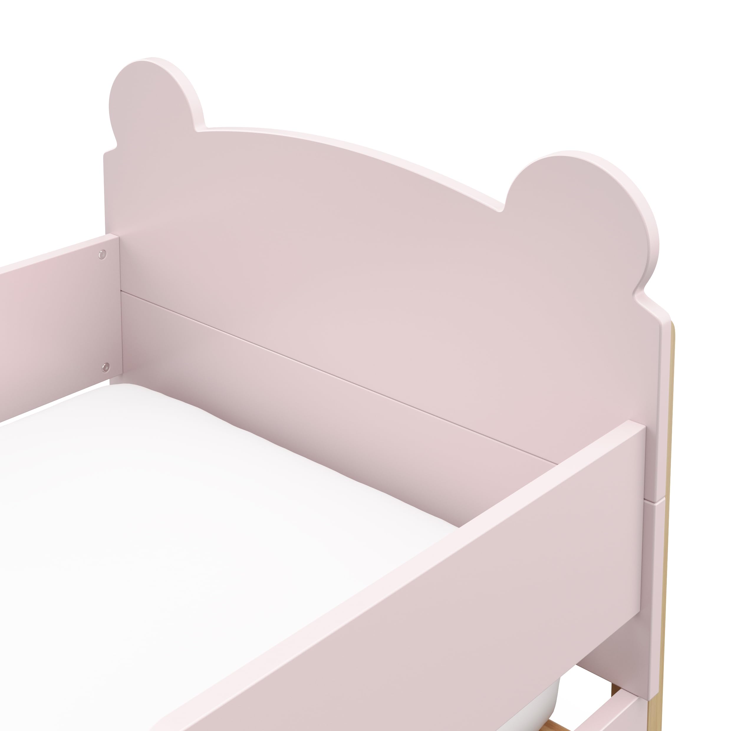 Storkcraft Teddy Bear Toddler Bed with Safety Rails - GREENGUARD Gold Certified, Blush & Driftwood 2-Tone Design, Fits Standard Crib Mattress | Cozy Nursery Furniture for Toddler's First Big Kid Bed Transition