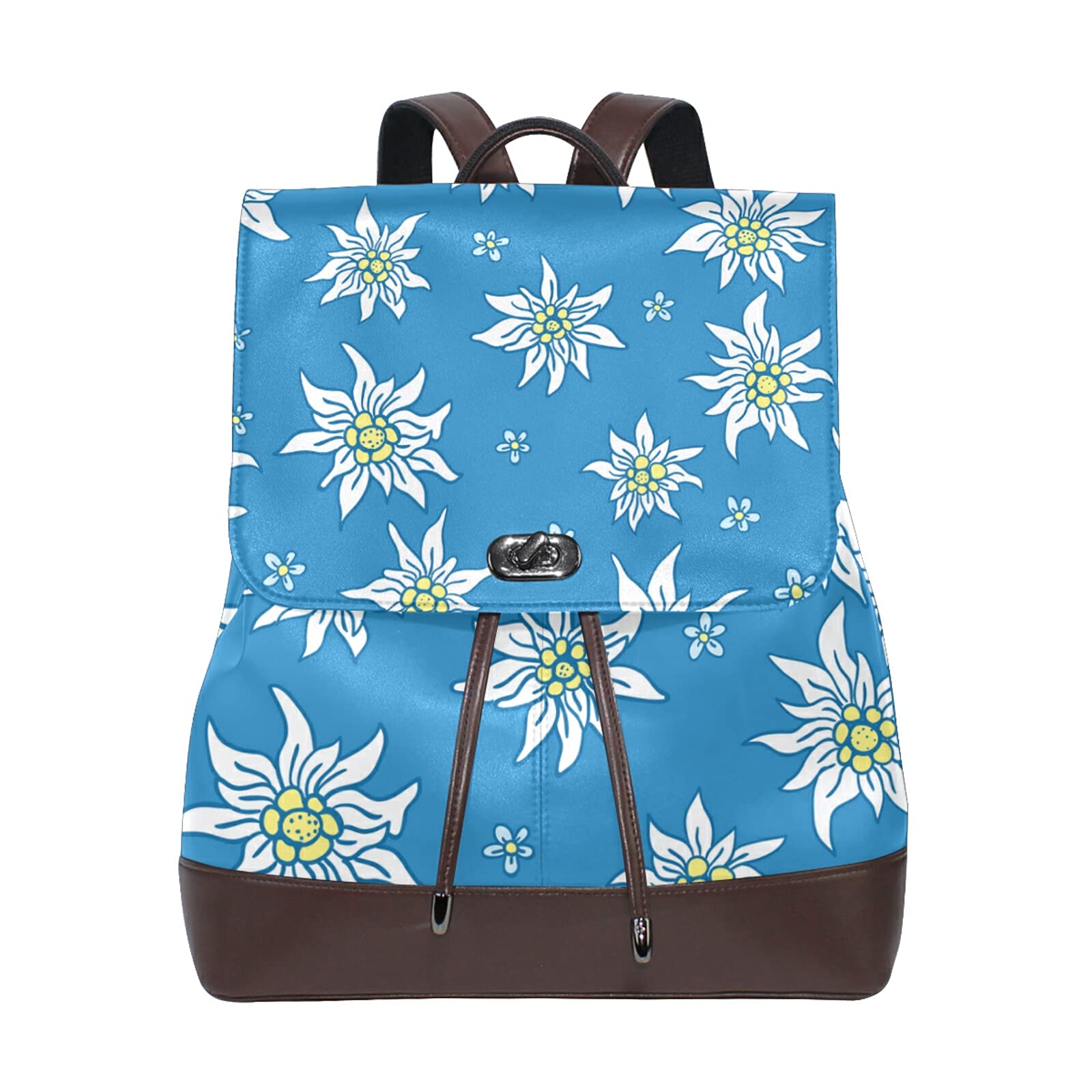 **Hupery Edelweiss & Floral Faux Leather Shoulder Backpack - Waterproof Casual Daypack for Women, College School Bookbag, Travel & Weekend Outings**    *Perfect for campus, work, travel, or daily errands – stylish and functional!*