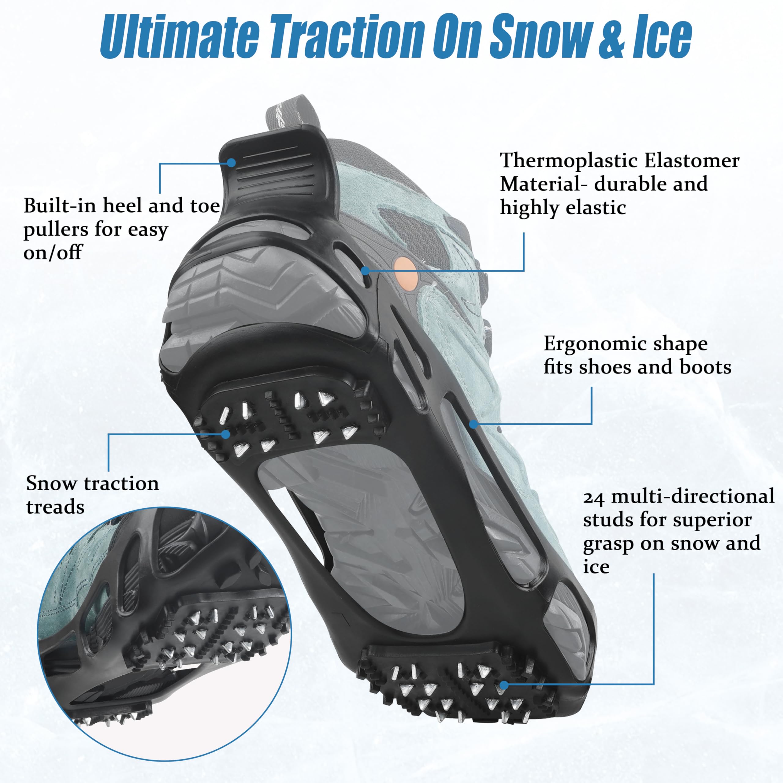 Non-Slip Ice Cleats for Walking on Snow & Ice - Stretchable Rubber Traction Crampons for Winter Safety | Perfect for Hiking, Running, and Daily Commute in Snowy Conditions