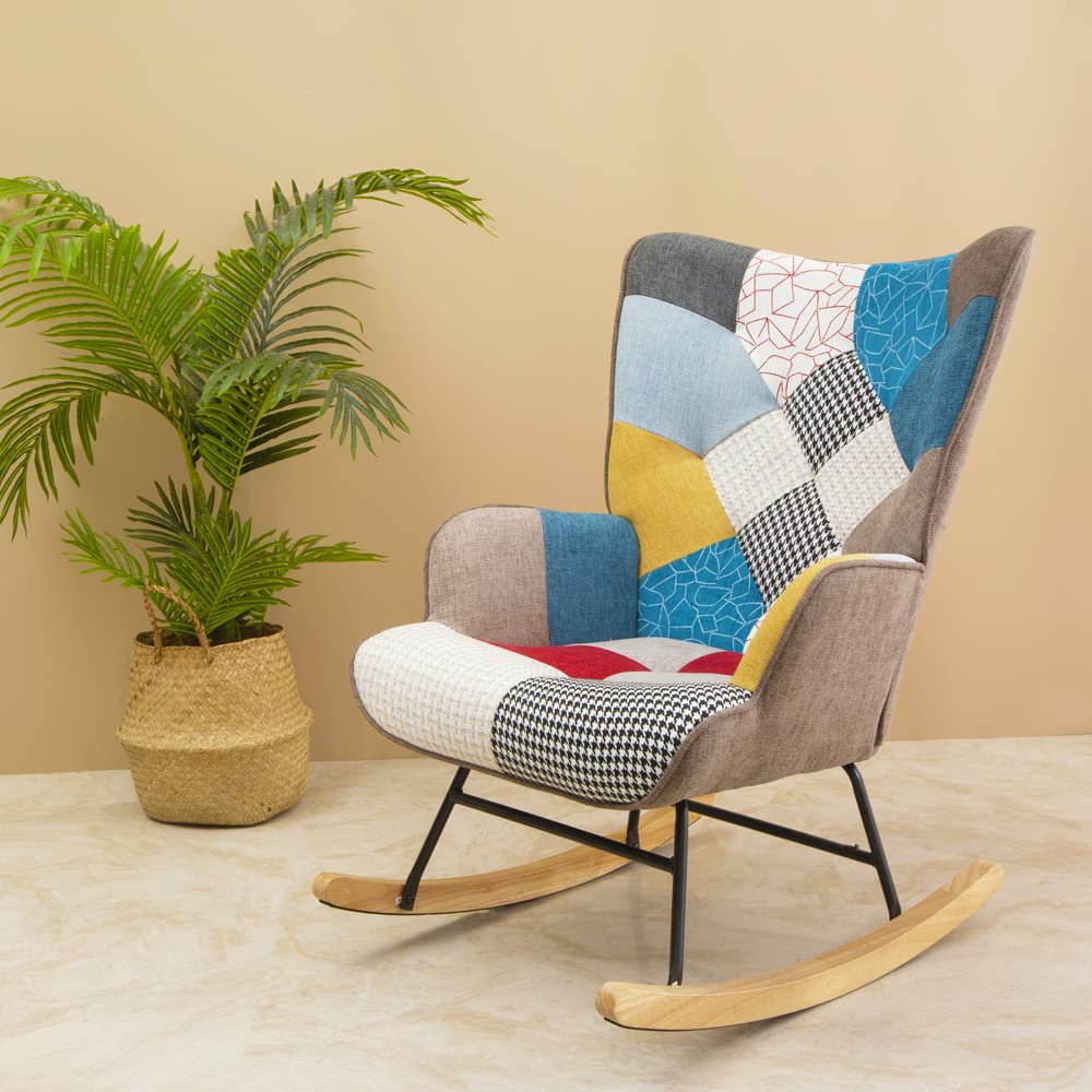 HomVent Upholstered Rocking Chair - Mid Century Modern Fabric Nursery Rocker with Tall Back & Wood Base, Comfortable Accent Armchair for Adults & Kids, Perfect for Living Room, Bedroom, Nursery or Reading Nook