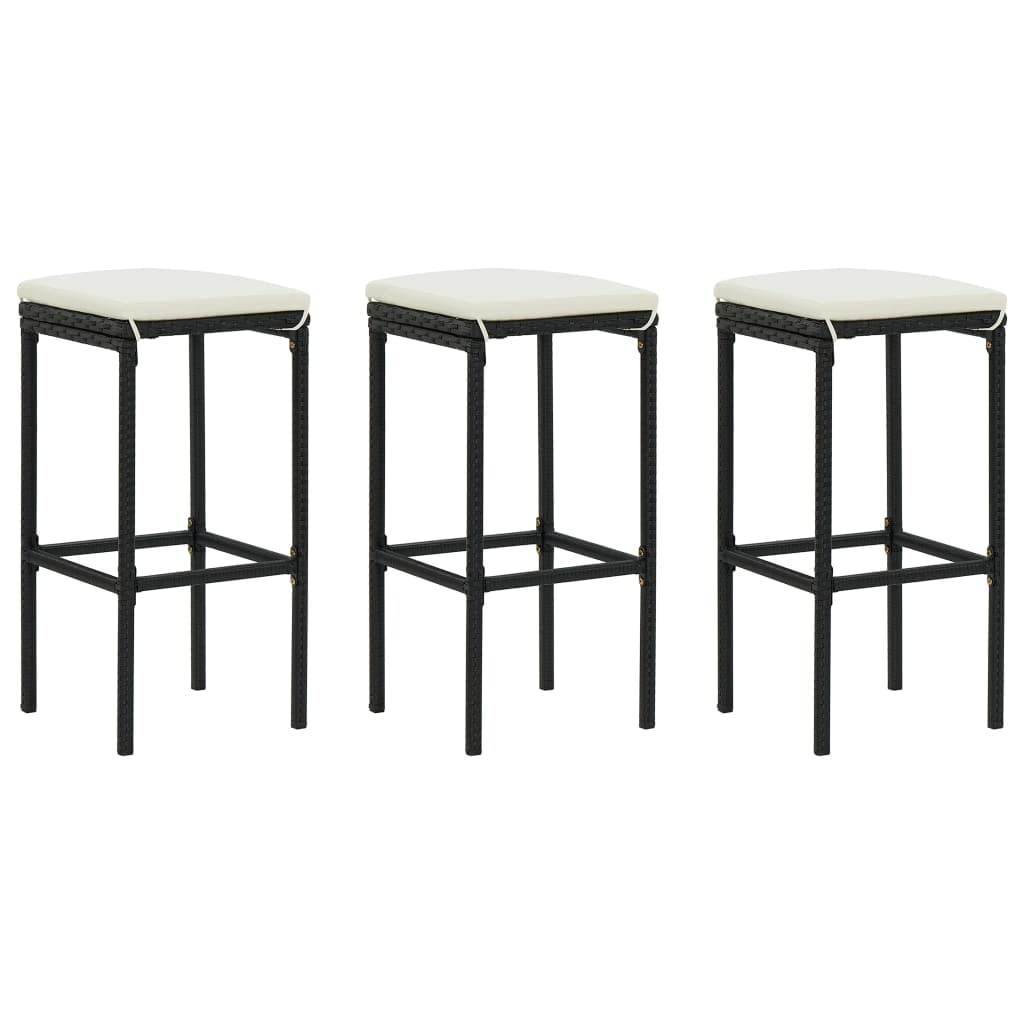 3-Piece Black Poly Rattan Bar Stools with Cushions - Counter Height Swivel Stools for Kitchen Island, Breakfast Nook & Outdoor Patio