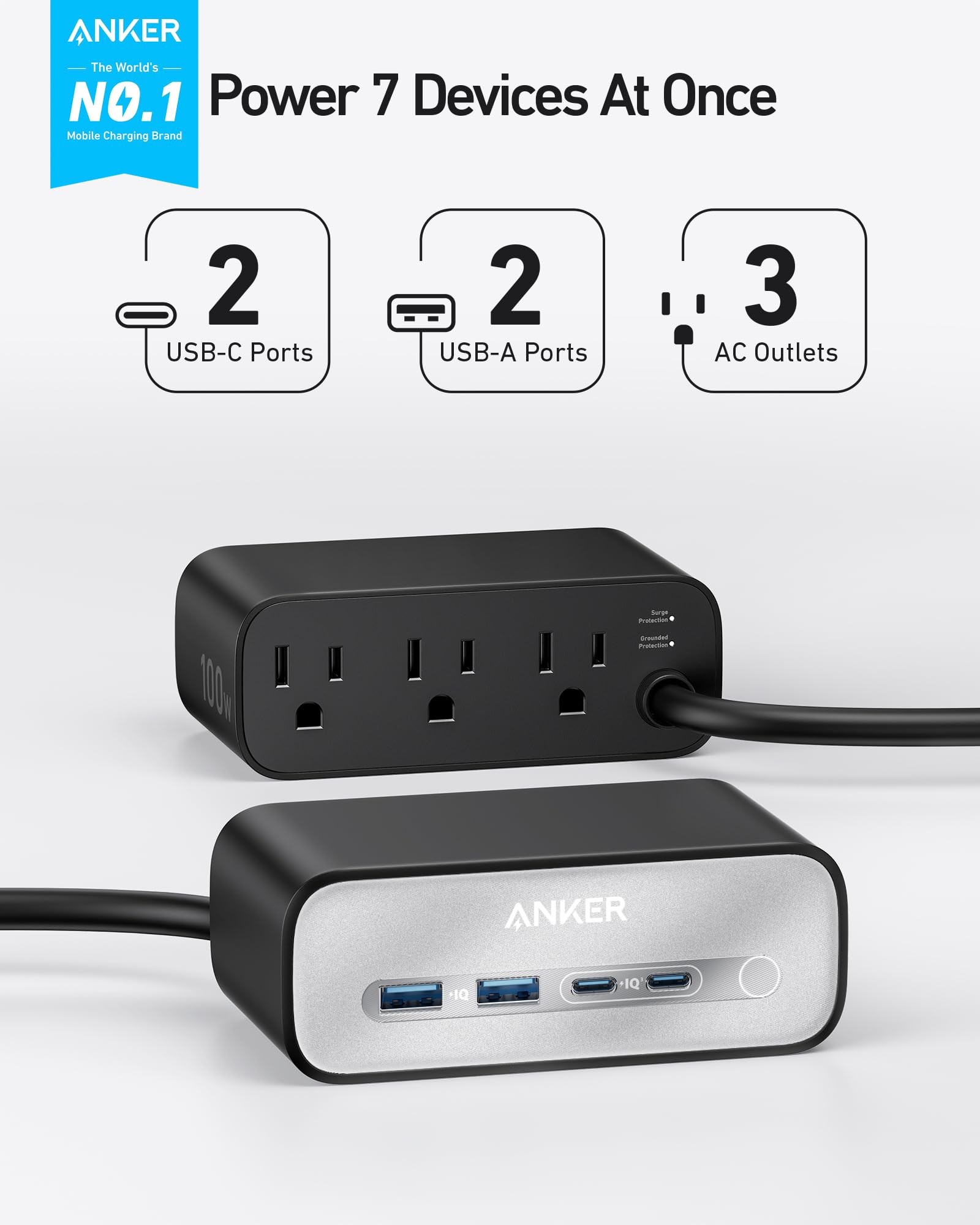 Anker Nano 100W 7-in-1 USB C Charging Station with Power Delivery - 3 AC Outlets, 2 USB A & 2 USB C Ports - Compatible with iPhone 16/15/14, MacBook Air/Pro - 5ft Thin Cord for Home, Office & Travel (Black)