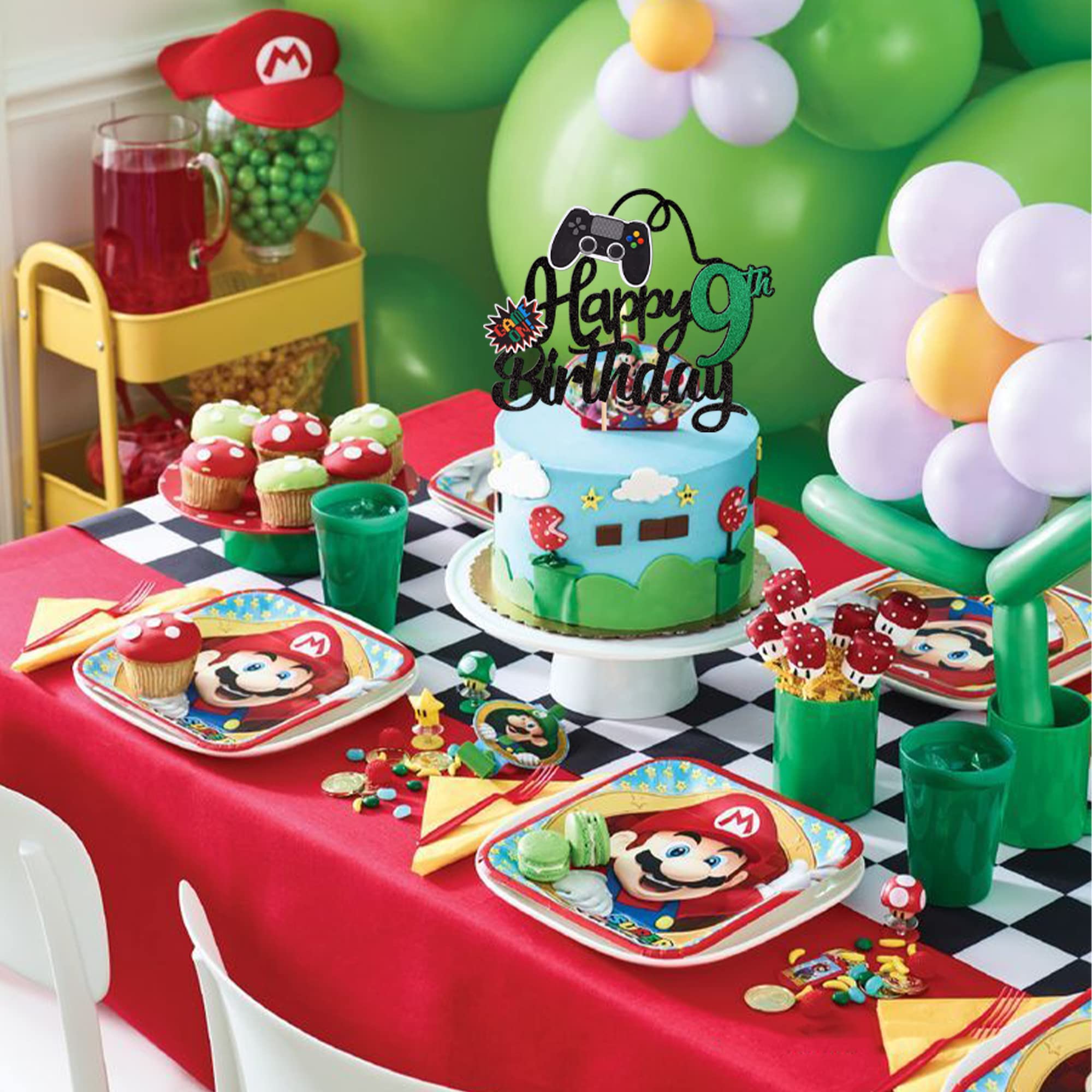 1 PCS Video Game Happy 9th Birthday Cake Topper - Glittery Game Controller Design with 'Game On' & 'Nine Cheers to 9 Years' Text - Perfect for 9th Birthday Party Decorations & Gaming Theme Cakes (Green)