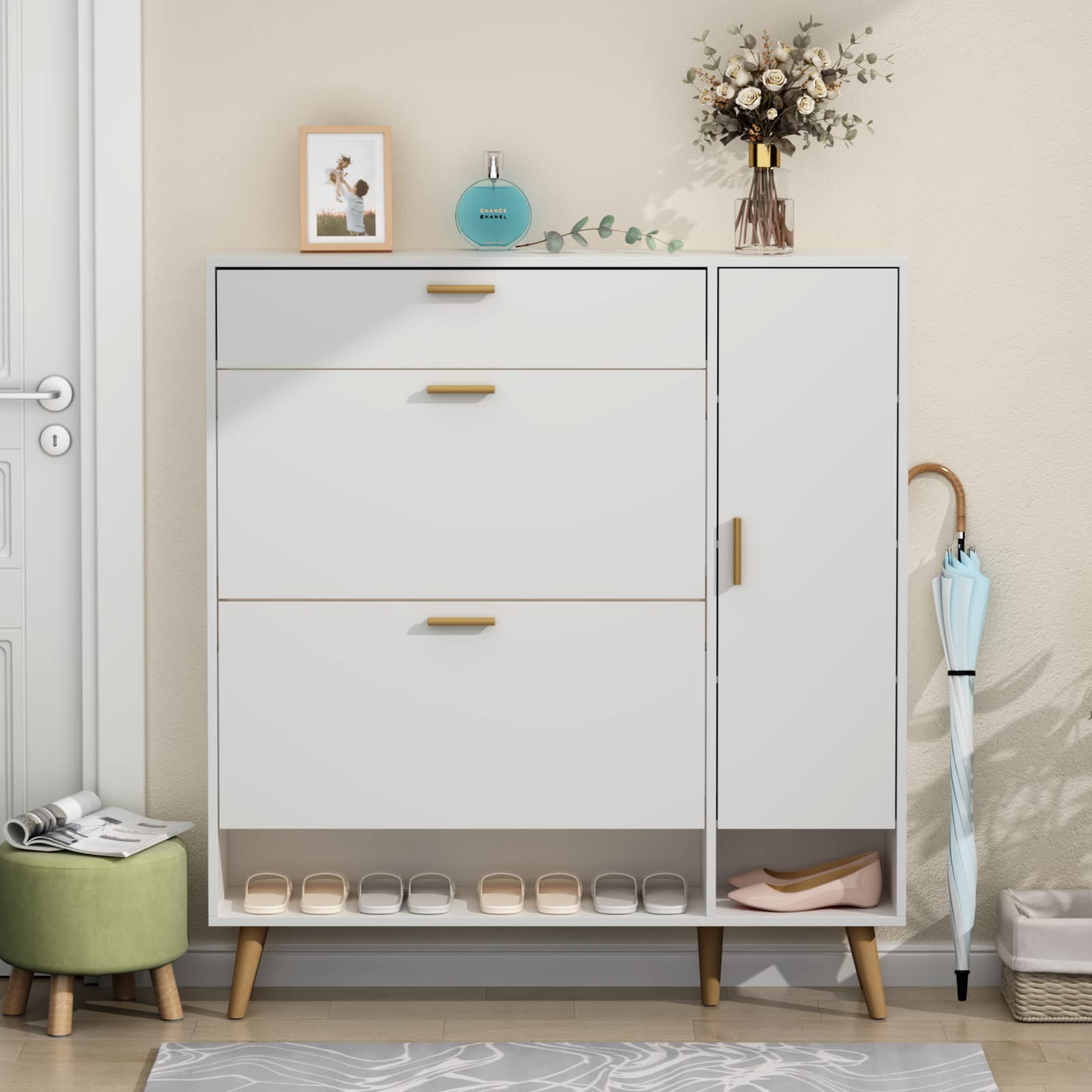 Shoe Rack Cabinet with 2 Flip Drawers - Narrow Entryway Storage for Shoes & Organizing