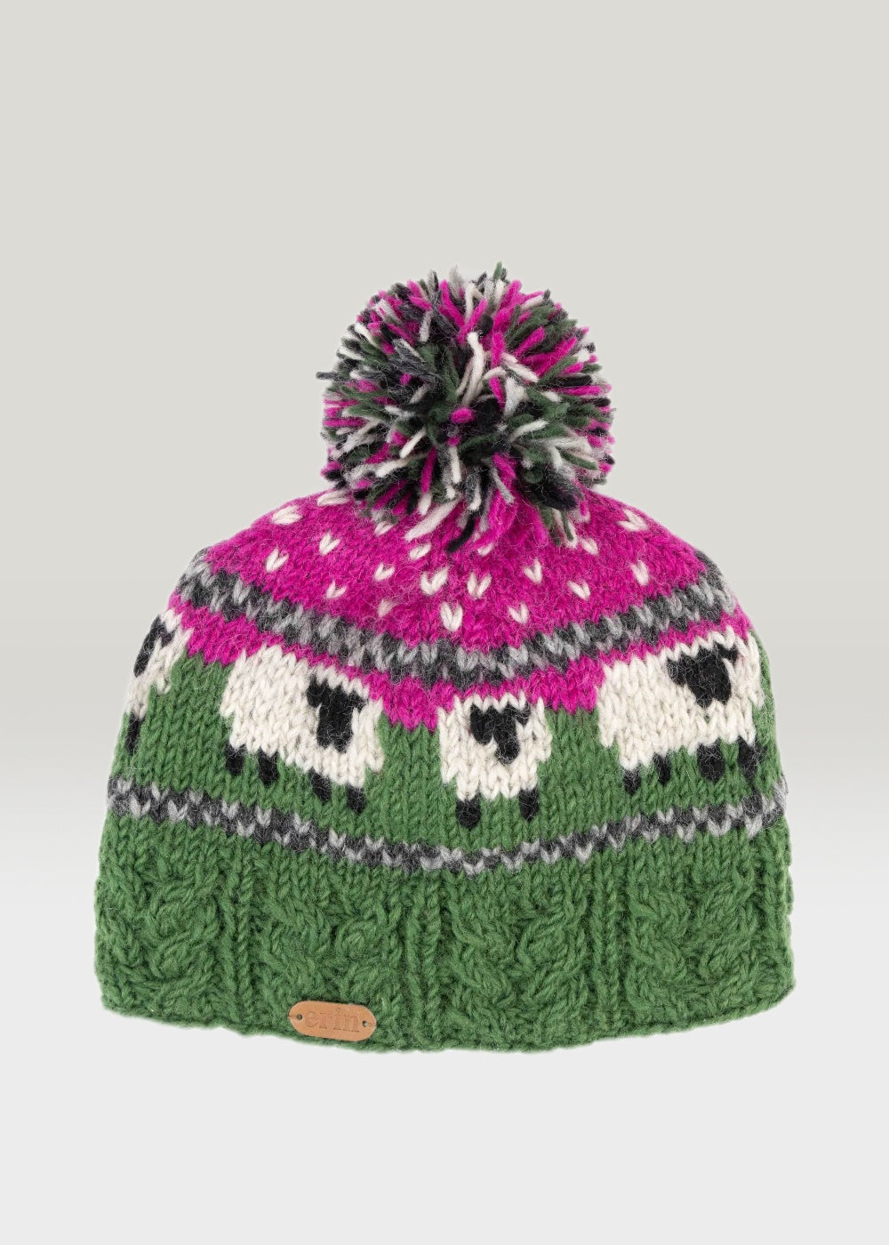 Aran Sheep Bobble Hat for Women - Soft Pink & Dark Green Winter Beanie - Cozy Knit Hat for Cold Weather, Outdoor Activities & Casual Fashion