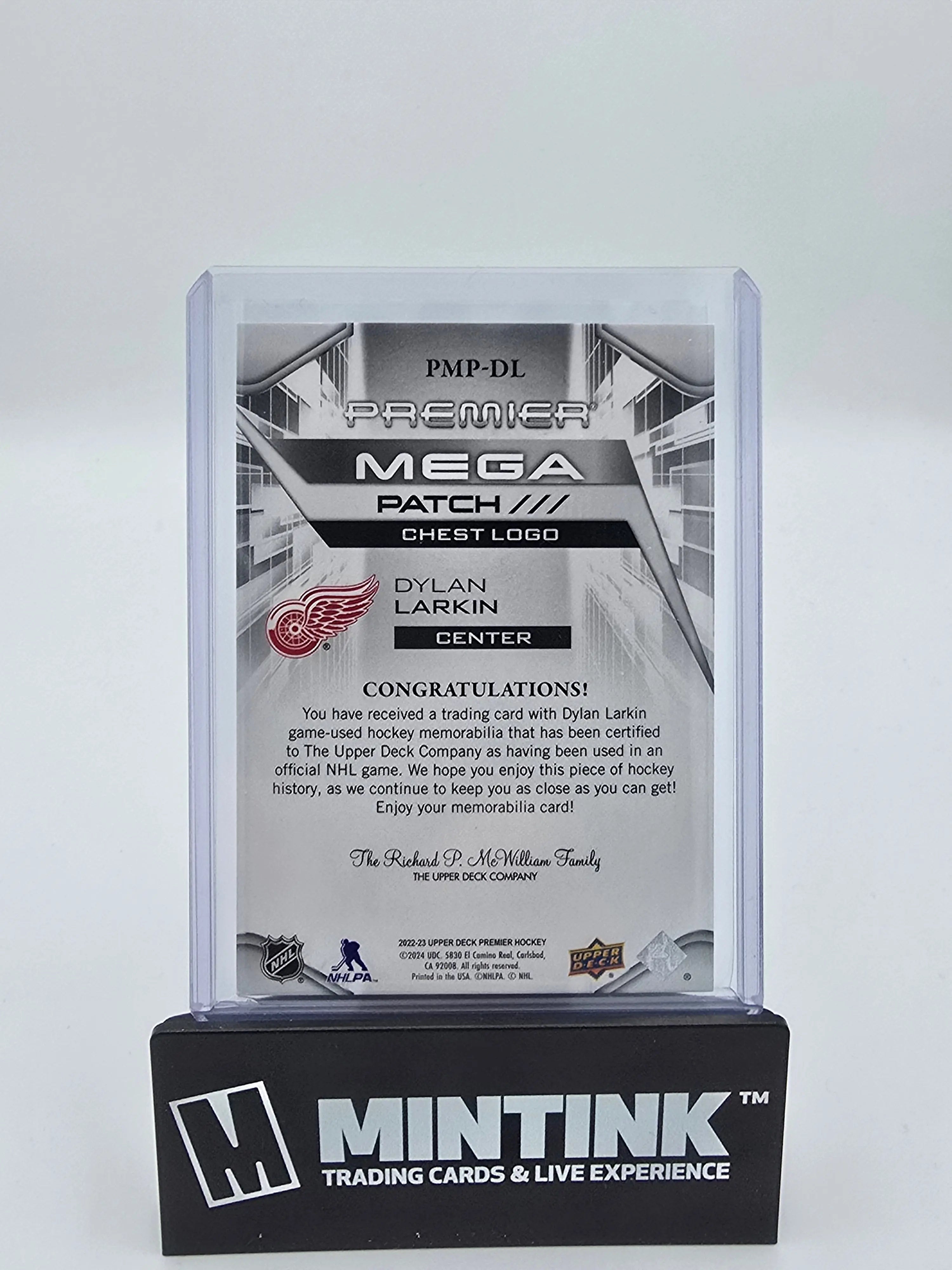 2022-23 Upper Deck Premier Hockey Dylan Larkin Mega Patch Chest Logo #/21 - Rare Collectible Hockey Card for NHL Fans & Memorabilia Collectors - Perfect for Display, Trading, and Investment