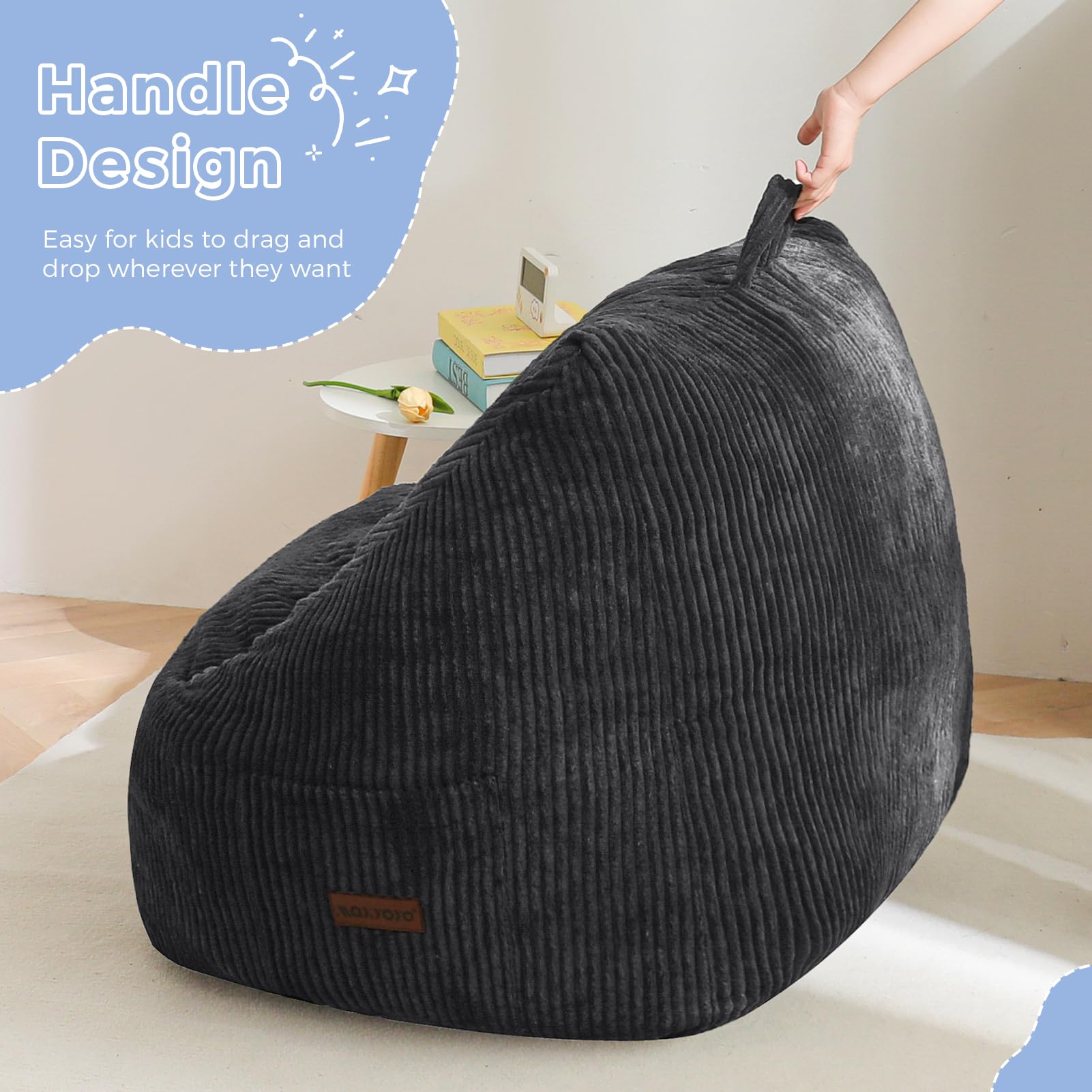 MAXYOYO Kids Bean Bag Chair - Corduroy Gaming & Reading Lounge Chair with Handle & Storage Pocket for Boys & Girls, Dark Grey - Perfect for Bedrooms, Playrooms & Dorm Relaxation