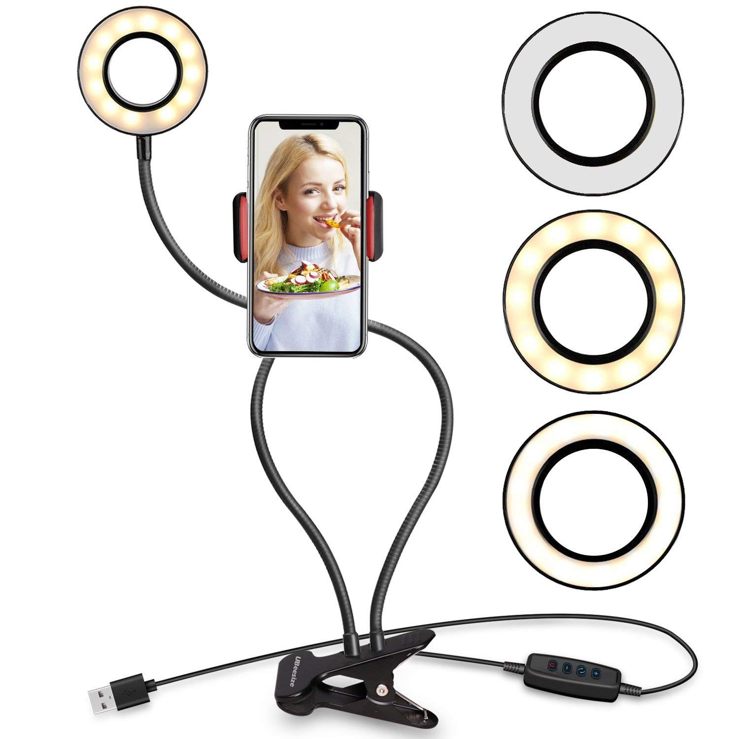 UBeesize Clip-On Selfie Ring Light with Stand for Live Stream & Makeup - Perfect for Vlogging & Beauty Videos