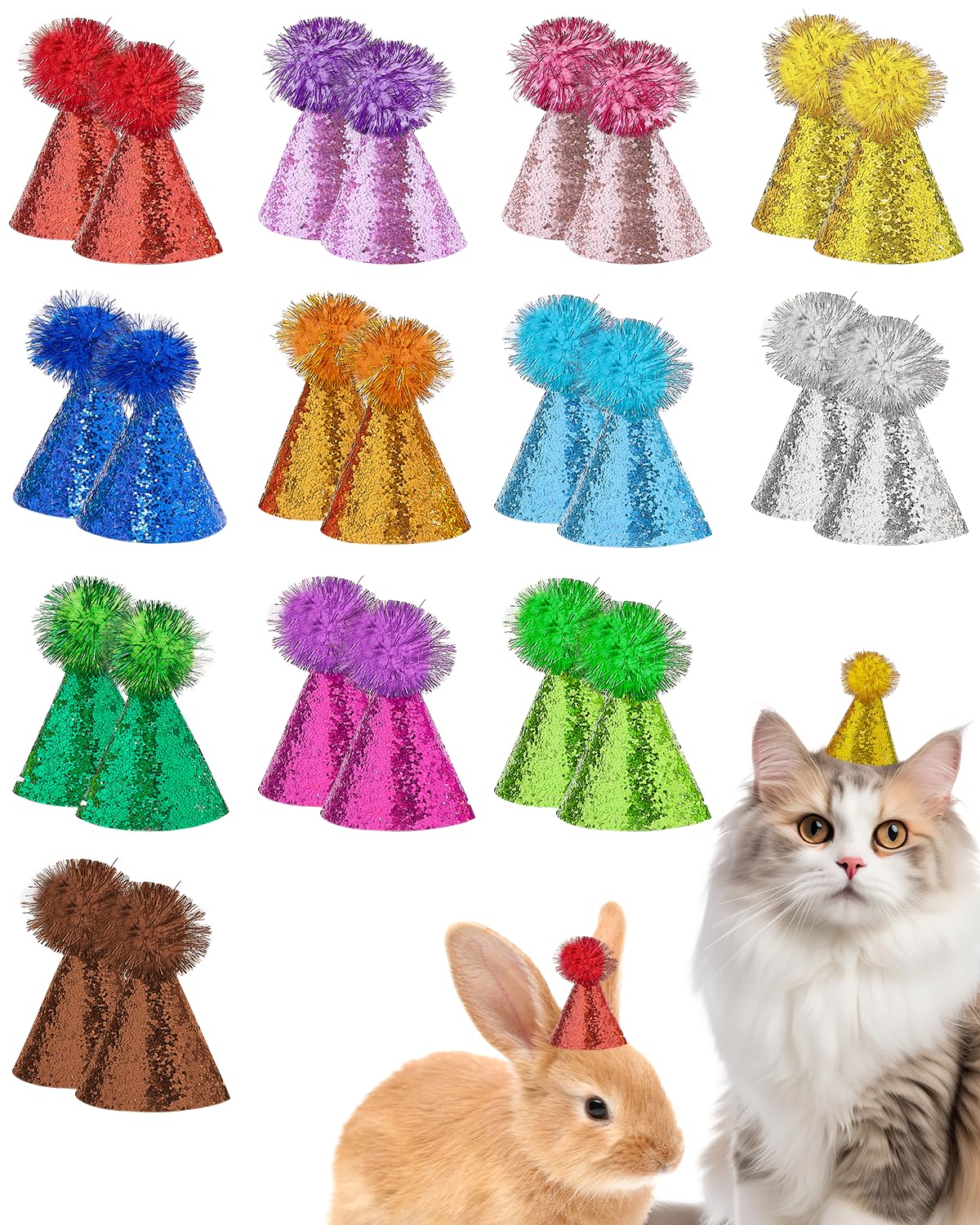 24 Pack Mini Pet Party Hats - Adjustable Small Dog & Cat Birthday Hats for Puppies & Kittens - Cute Holiday Costume Headbands for Pets - Perfect for Birthday Parties, Halloween & Christmas Celebrations