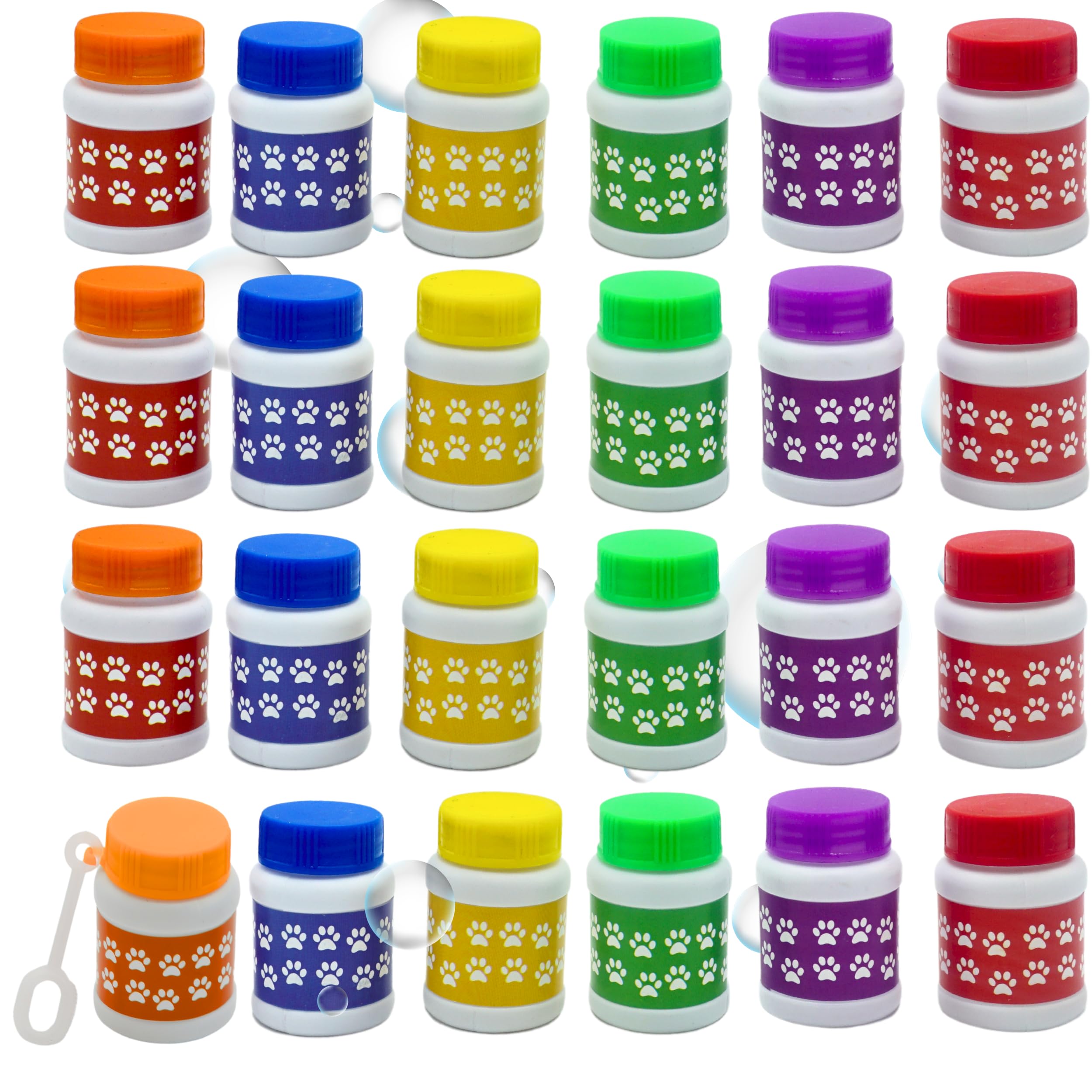 4E's Novelty Paw Print Bubble Bottles - Pack of 24 Mini Bubbles (1 FL oz) - Fun Bubble Wand Blowing Toys for Kids, Boys & Girls - Perfect for Dog Themed Parties, Birthday Favors, Outdoor Play & Summer Activities