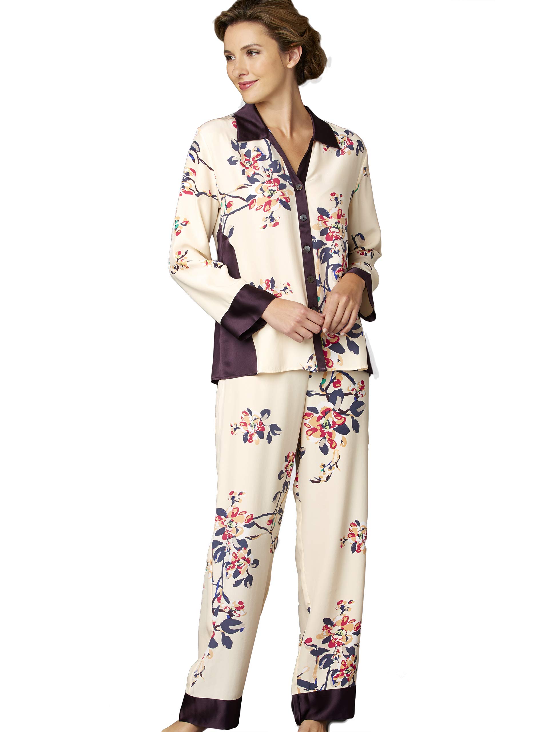 Luxury 100% Silk Pajama Set for Women - Elegant Jewel Garden Floral Print Sleepwear, Comfortable & Flattering Fit Nightwear - Perfect for Relaxing at Home, Spa Days & Romantic Getaways