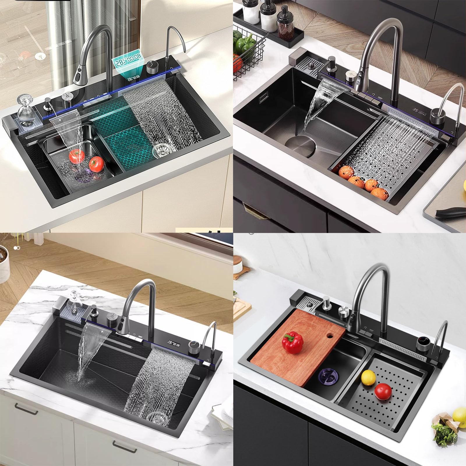 Digital Waterfall Kitchen Sink - FIVIXIL Multifunctional Whale Console Sink with Soap Dispenser, Flying Rain Waterfall Faucet & Tabletop Control - Perfect for Modern Kitchens & Luxury Home Renovations