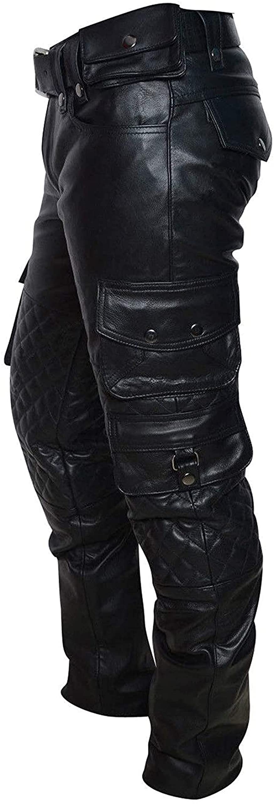 **SpazeUp Men's Cargo Leather Quilted Pants - Motorcycle Riding Pants for Men - Black Genuine Leather Trousers - Perfect for Biking, Outdoor Adventures & Casual Wear**
