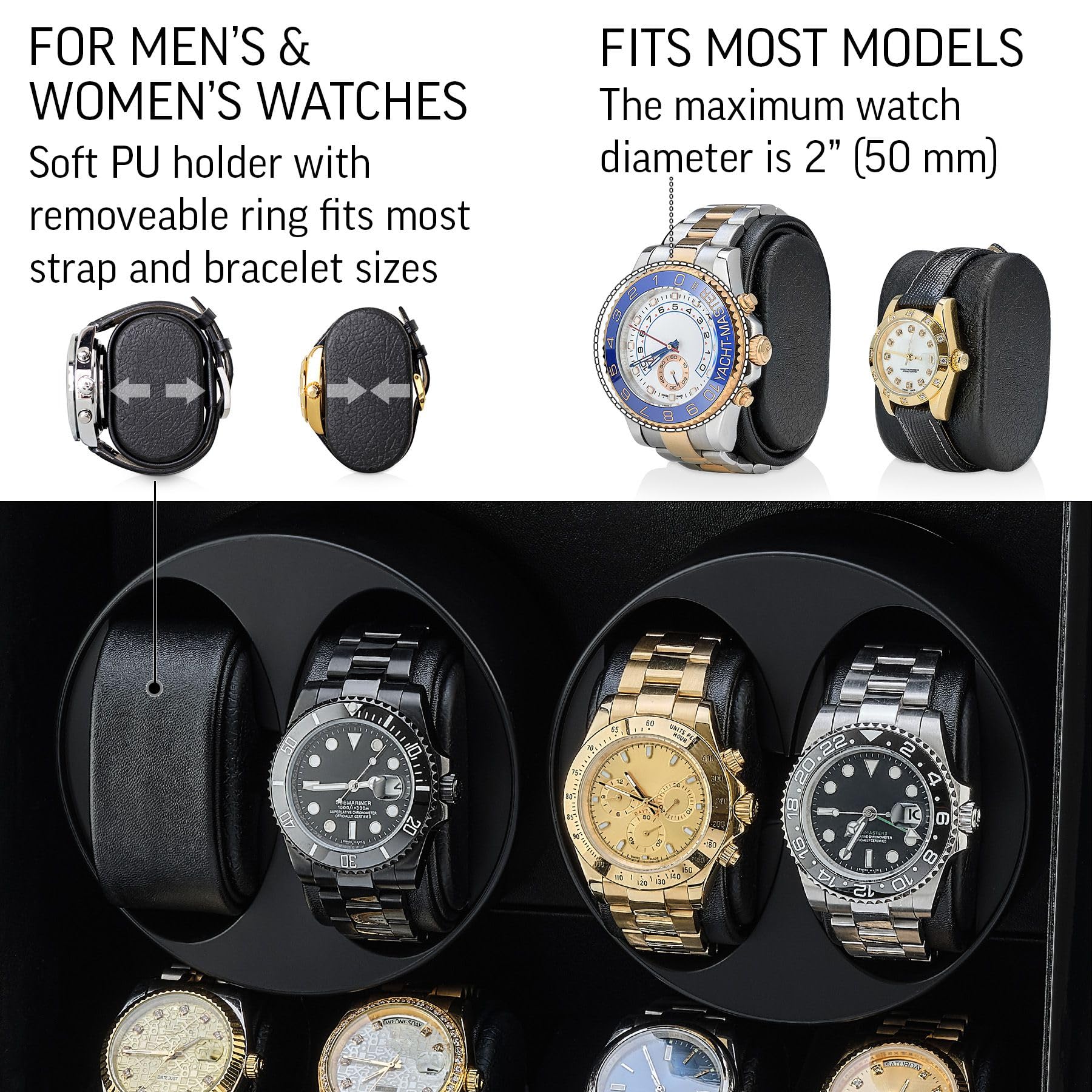 TIMECUBE Automatic Watch Winder for Men - 4 Watch Storage Box with LED Light & Smart Motor Stop - Perfect for Rolex, Omega Luxury Watches - Home Office & Travel Use