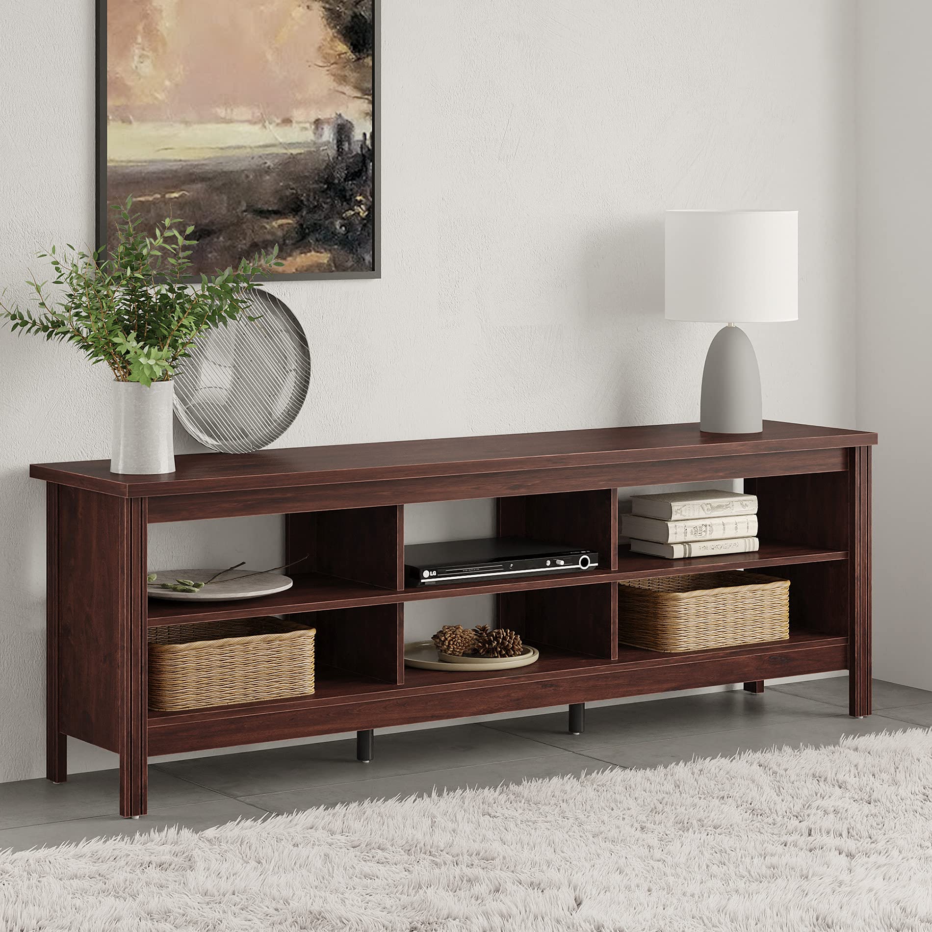 WAMPAT 75 Inch Gaming TV Stand with LED Lights - Rustic Brown Entertainment Center with 6 Storage Cubby & Blue LED Lighting - Perfect for Living Room, Bedroom & Office - Ideal for Gaming Setups & Home Theater Systems