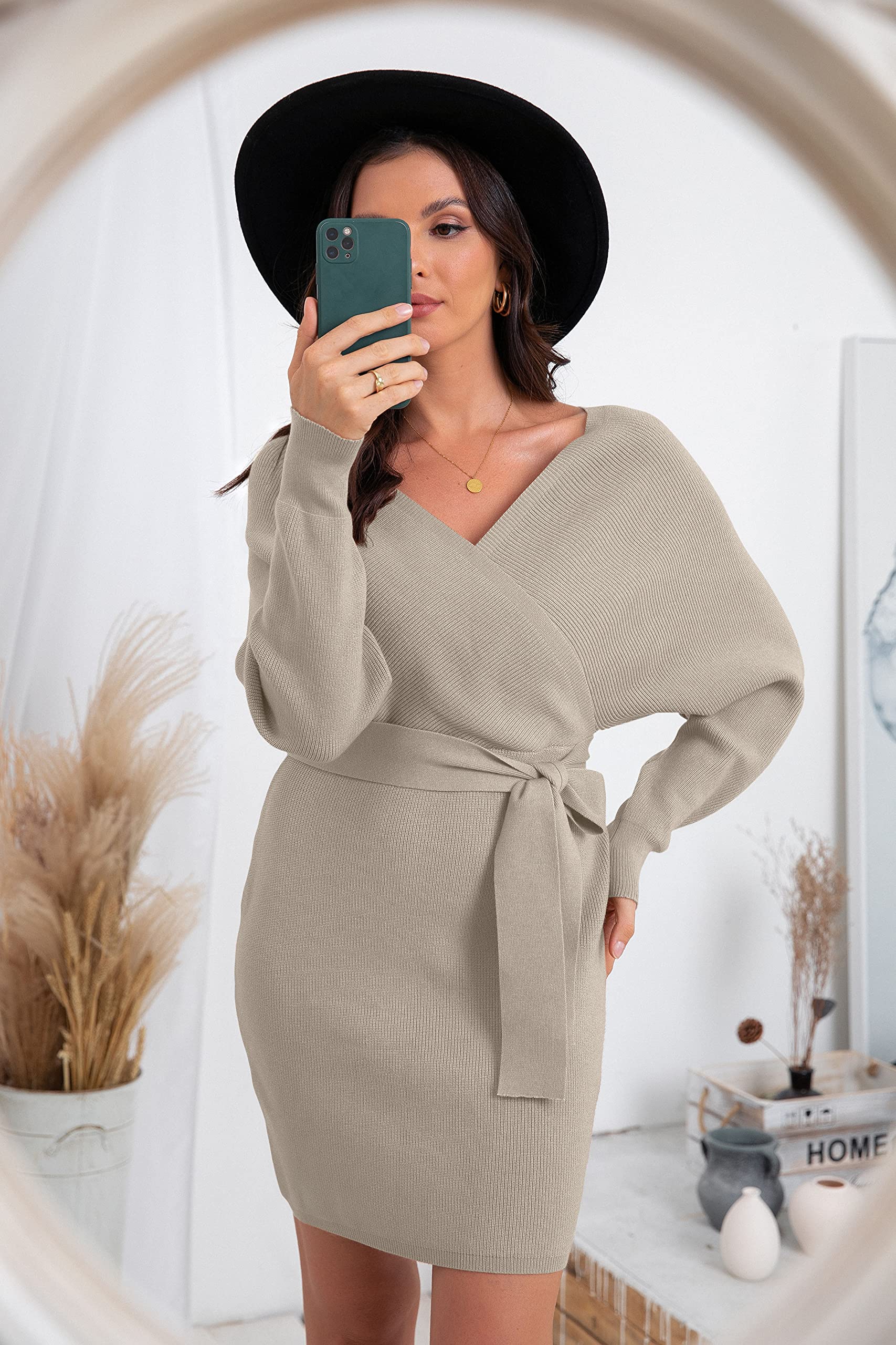 GRECERELLE Women's Sexy V-Neck Batwing Long Sleeve Backless Wrap Mini Dress with Belt | Bodycon Cocktail Pullover Sweater Dress for Party, Night Out, Date Night & Special Occasions