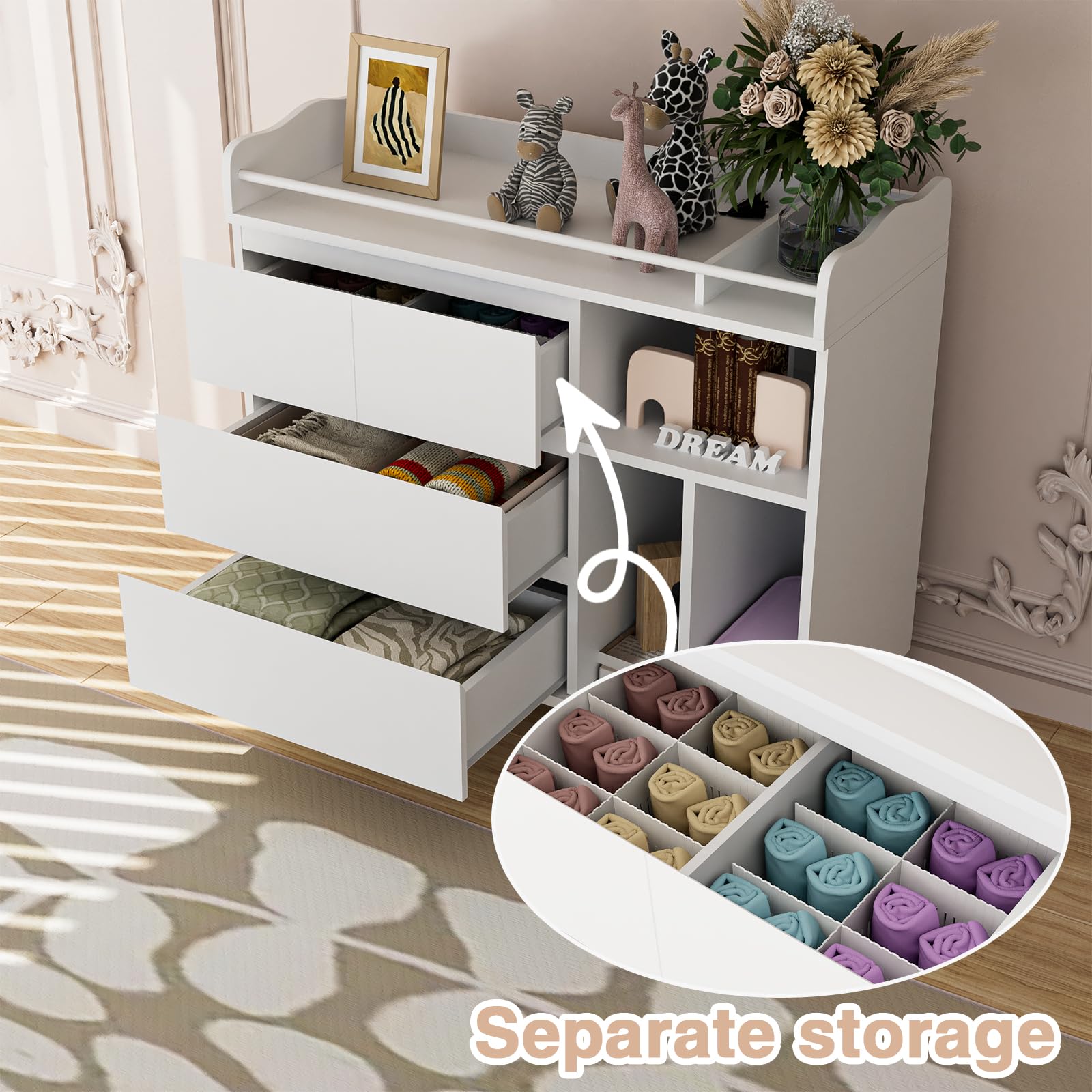 White Baby Dresser with Changing Table Top - 4 Drawers & 3 Shelves Nursery Dresser for Newborns | Tall Dresser for Bedroom, Nursery & Entryway | Perfect for Diaper Changes & Baby Storage Organization