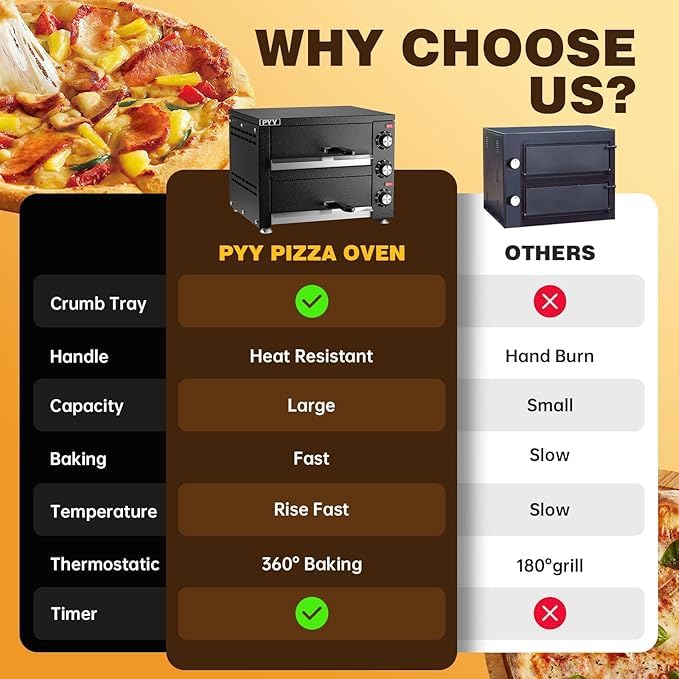PYY Commercial Countertop Pizza Oven - 2-Tier Stainless Steel Electric Pizza Maker with Timer for Home & Restaurant Use - Perfect for Indoor Pizza Baking, Party Cooking & Small Business (Black)