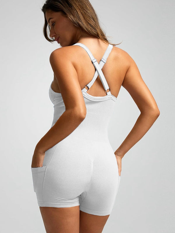 ZASUWA Women's Ribbed Pocket Cross Back Scrunch Bum Seamless Romper Jumpsuit - Perfect for Yoga, Gym, Workout & Lounge Wear