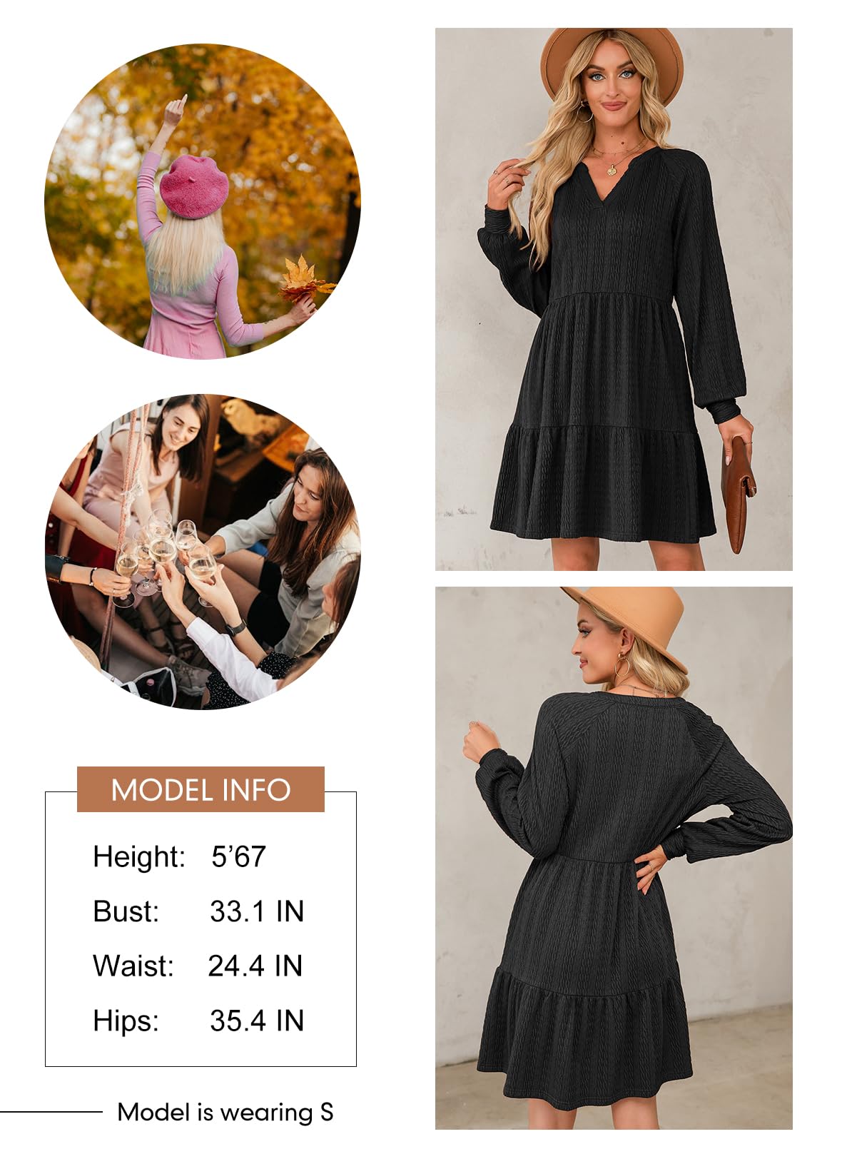 Dokotoo Women's Long Sleeve V-Neck Textured Casual Dress 2025 | Tiered Ruffle A-Line Swing Mini Babydoll Dress for Date Night, Party & Everyday Wear