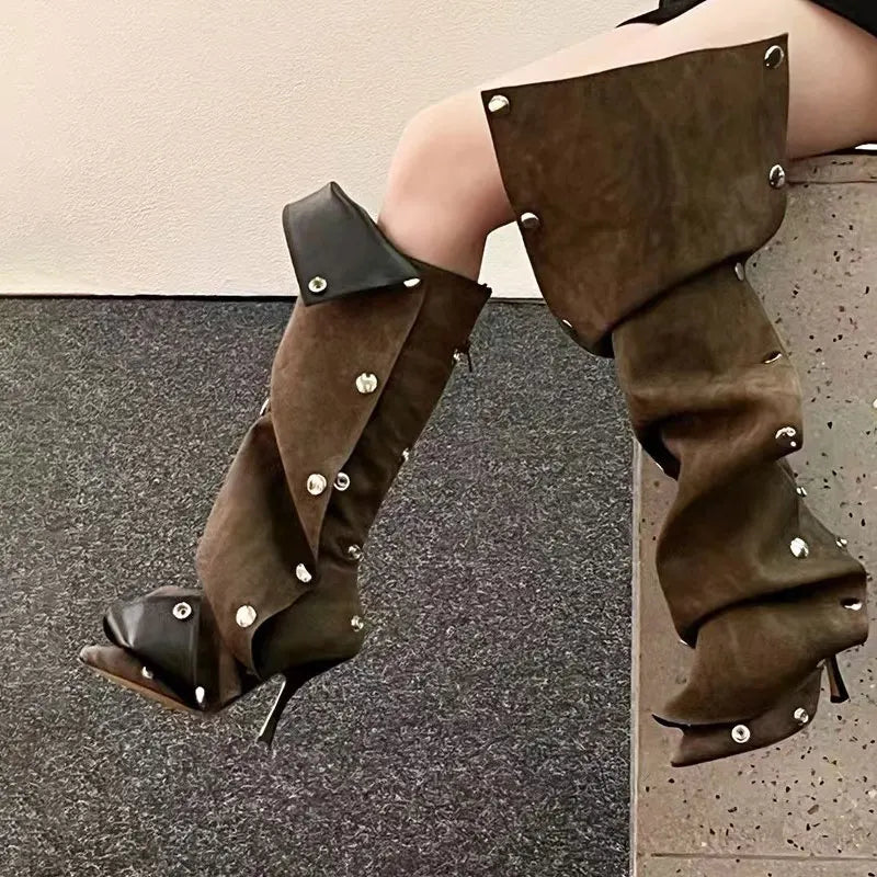 2023 Fashion Sexy Slim Fit High Heel Pleated Knee High Boots for Women - All Seasons Long Boots, Sexy Show Boots for Party, Night Out & Special Occasions